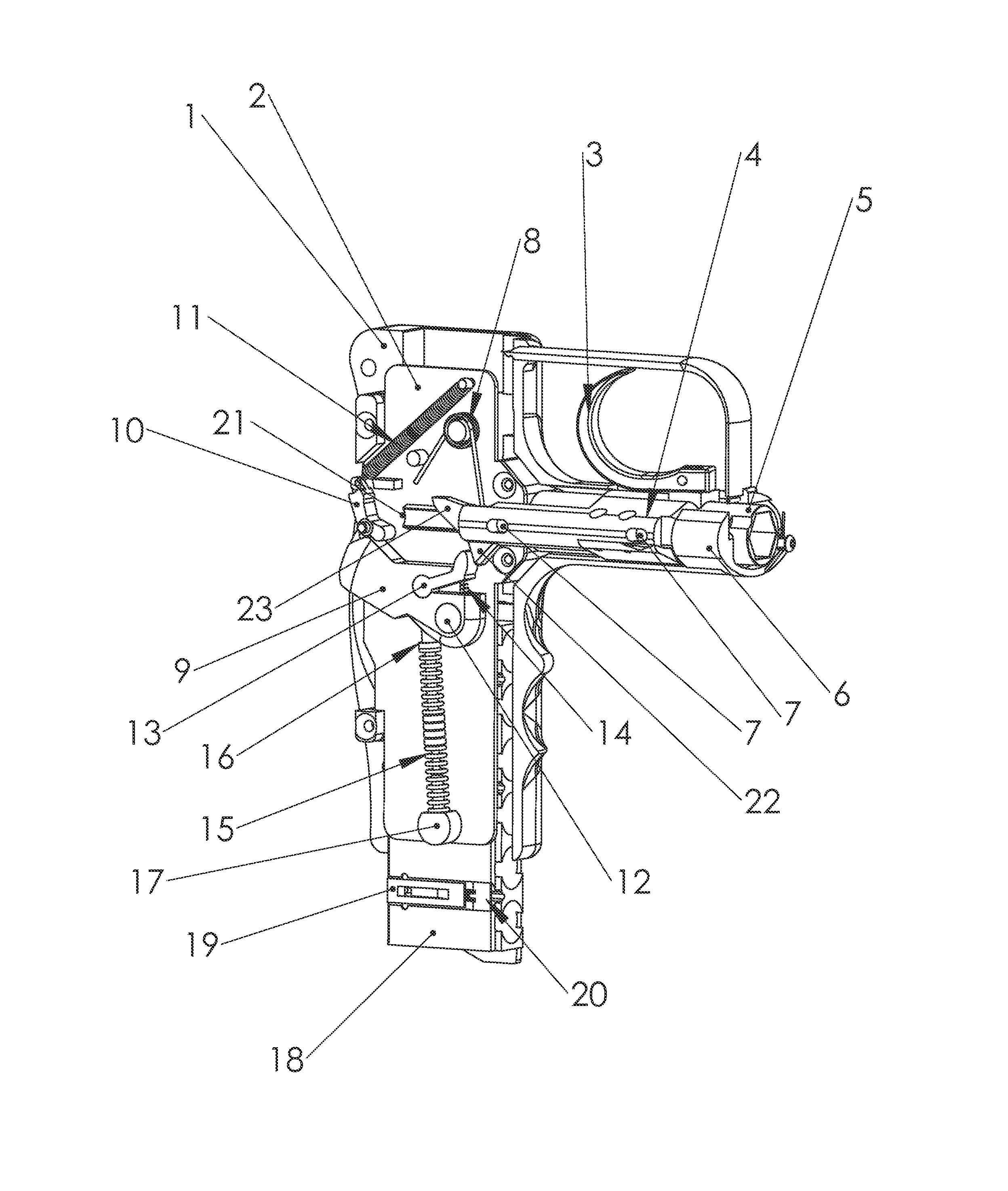 Handheld firearms with indexed magazine and compact firing mechanism