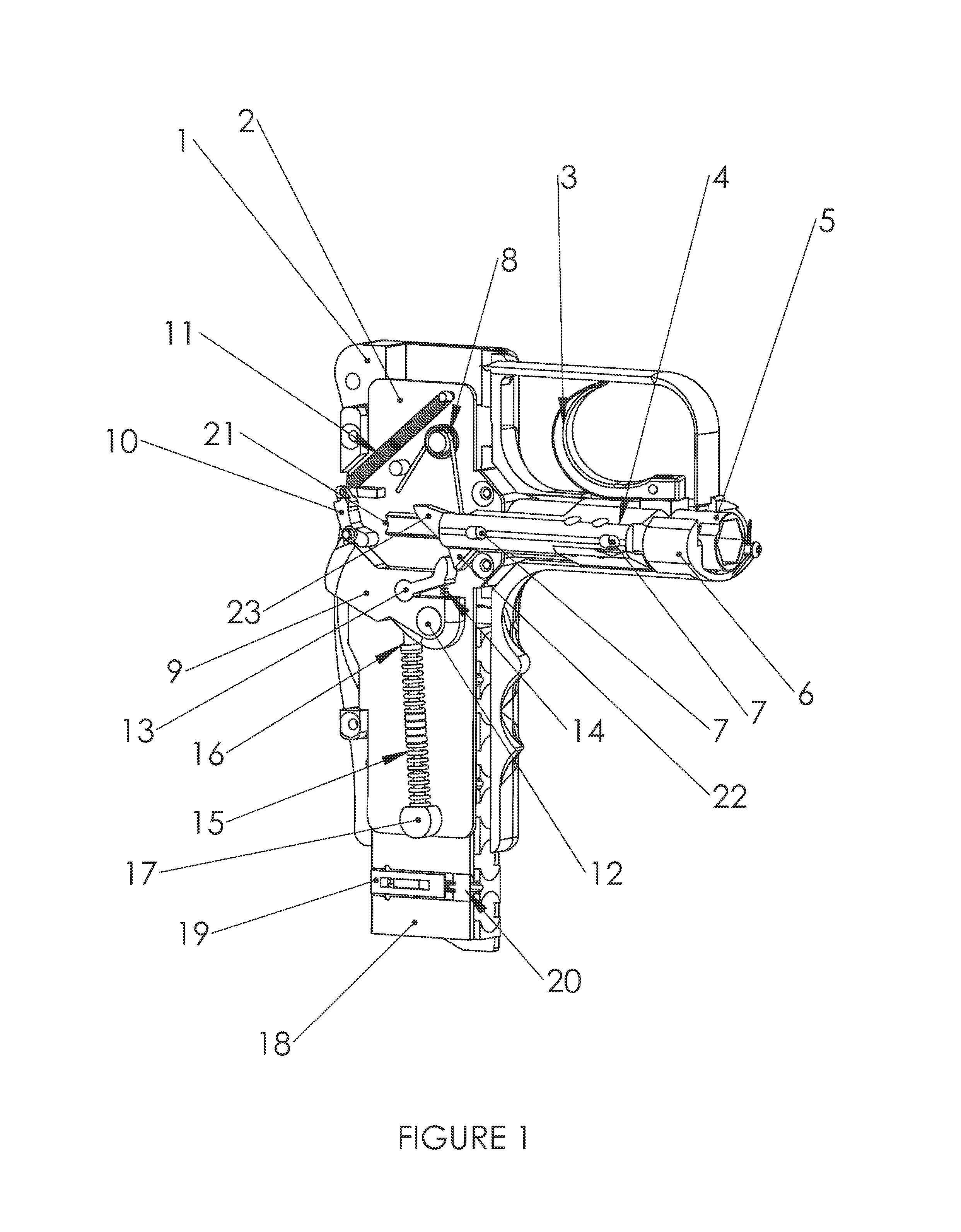 Handheld firearms with indexed magazine and compact firing mechanism