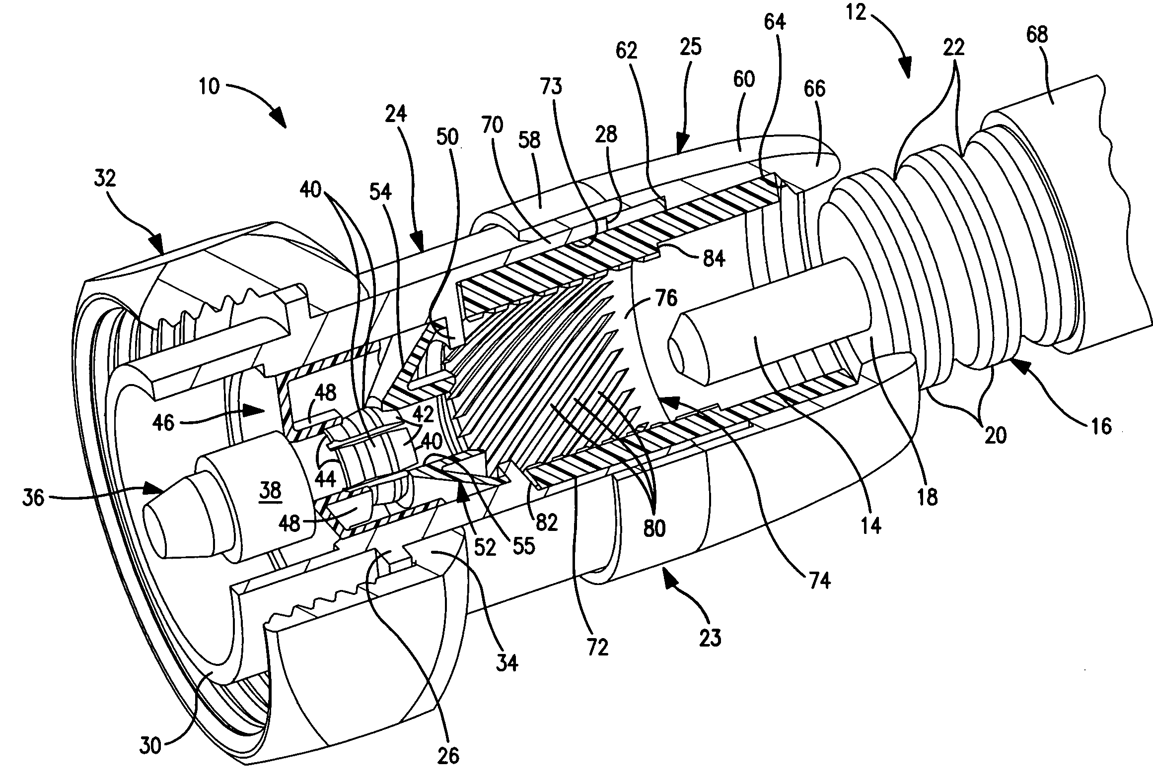 Connector for corrugated coaxial cable and method