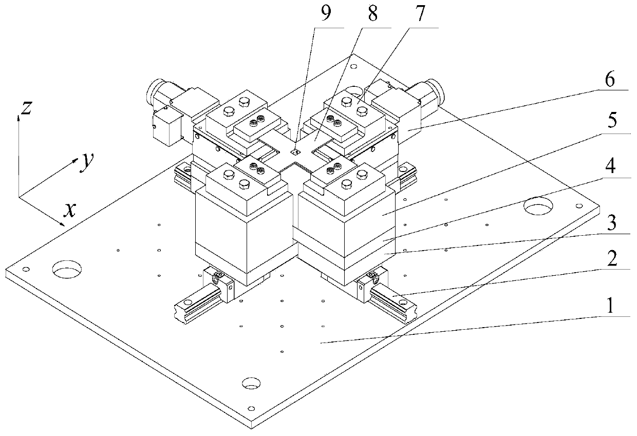 Two-dimensional pre-stressing applying device and working method thereof