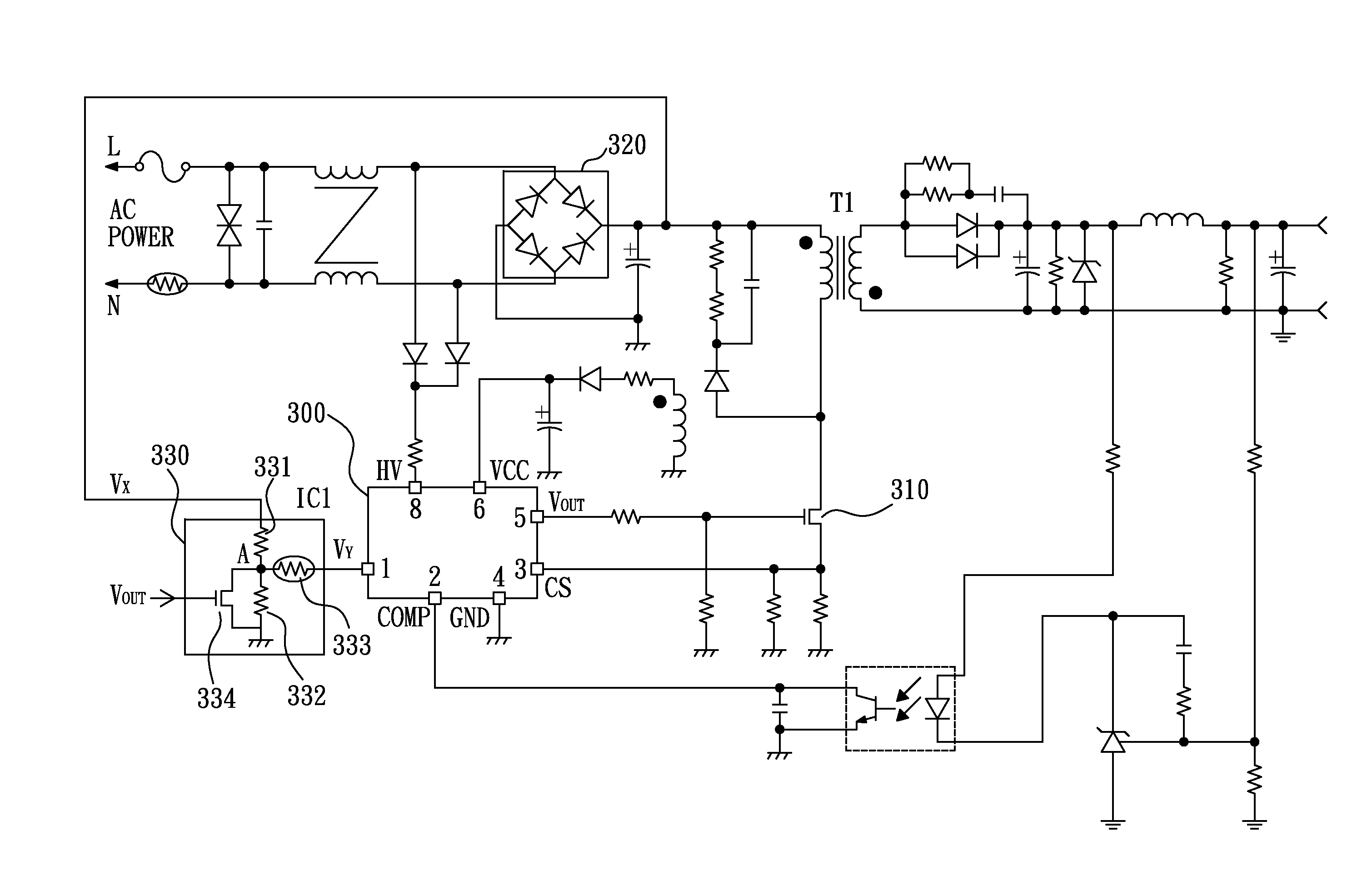 Pwm controller detecting temperature and ac line via a single pin and power converter using same