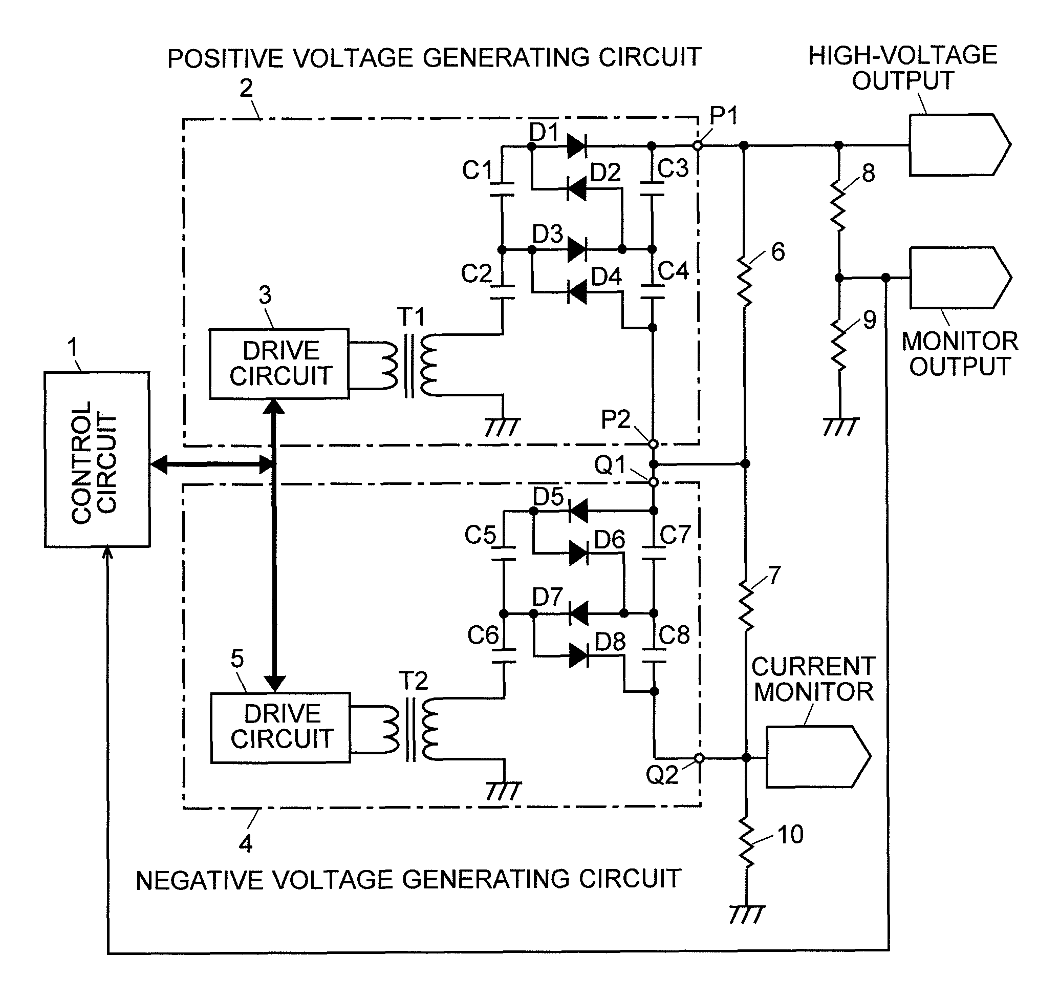 High-voltage power unit and mass spectrometer using the power unit