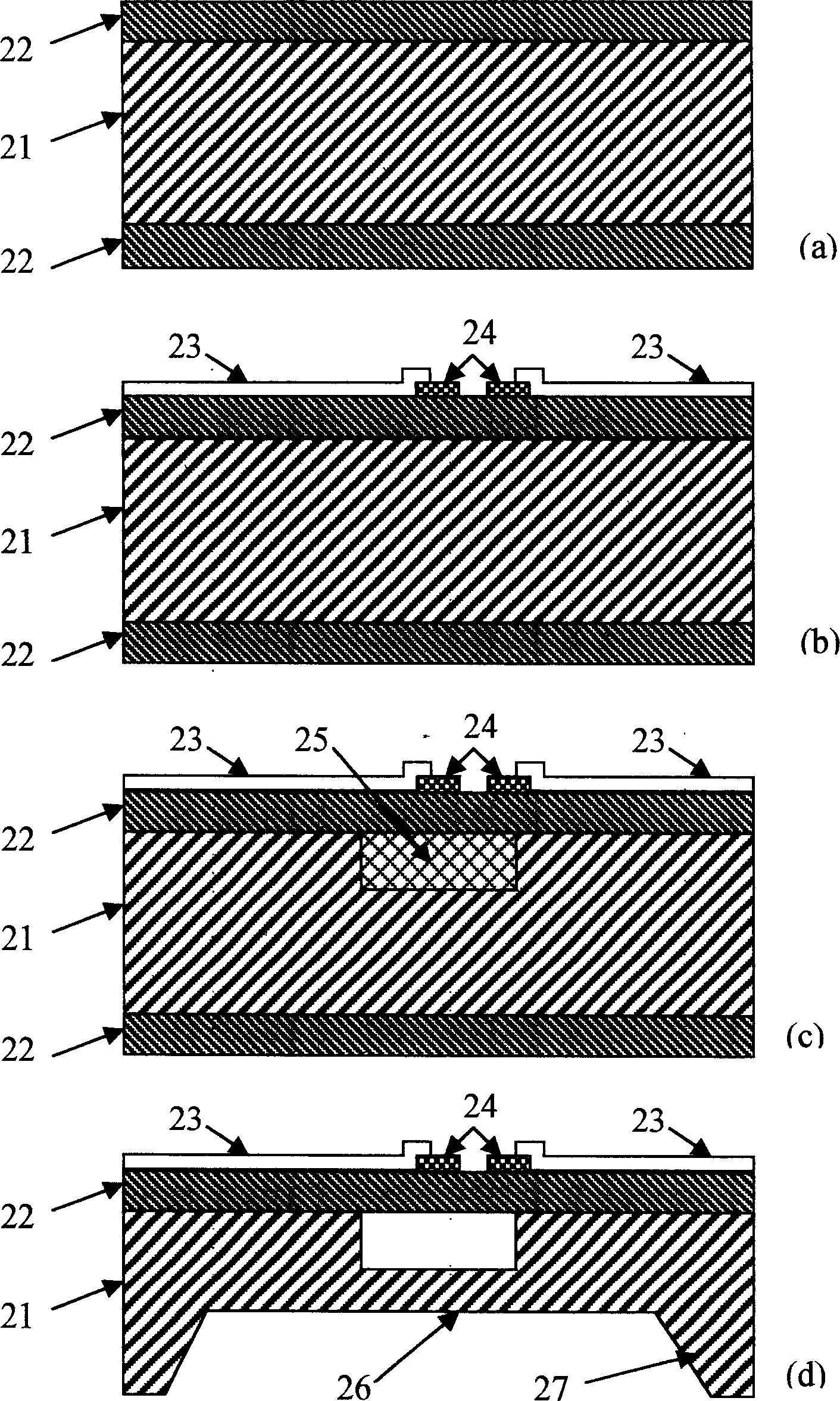 Chips for beam-film integrated arrangement resonant beam pressure sensing device and manufacturing method thereof