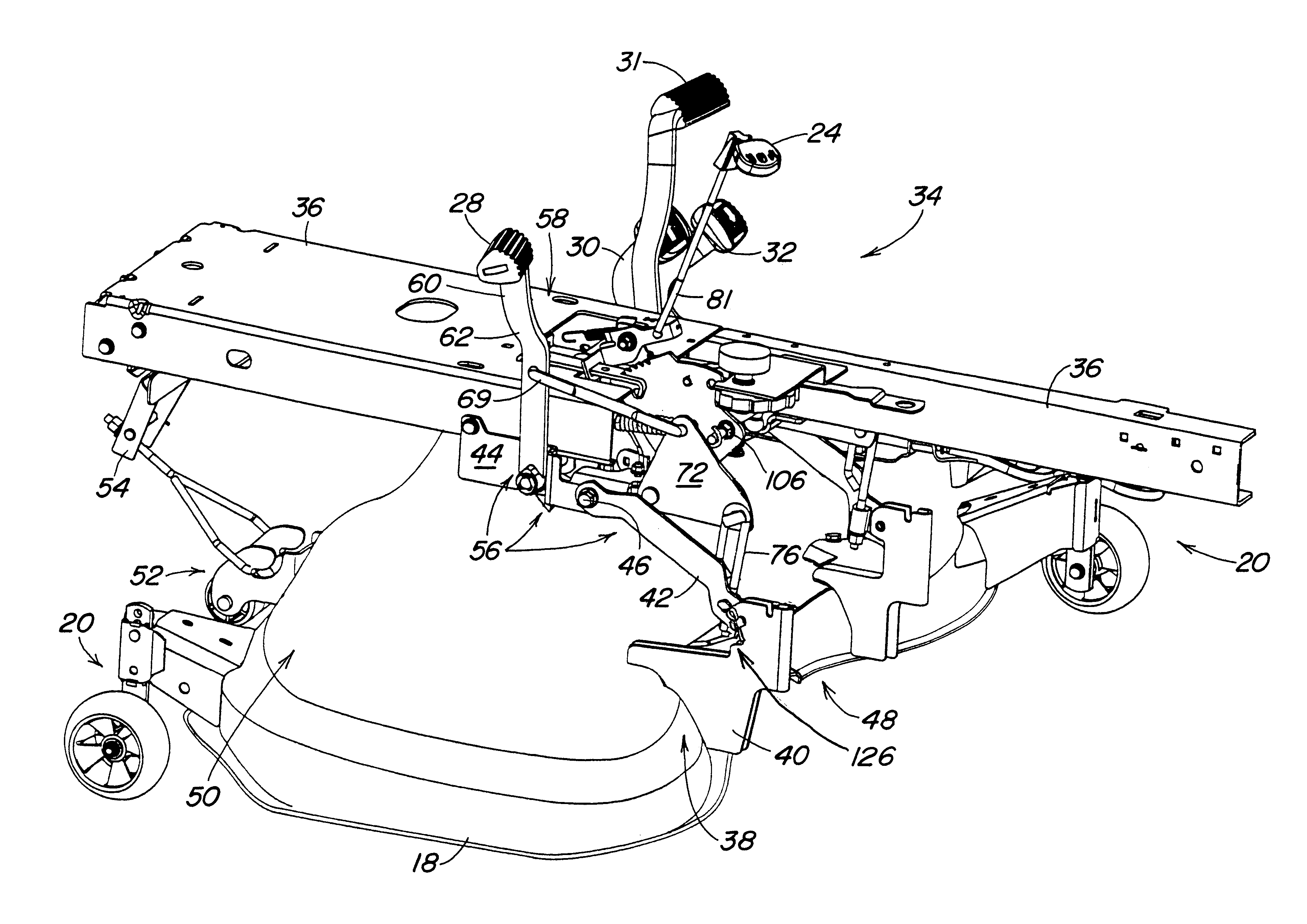Pedal actuated height adjustment mechanism for a mower cutting deck