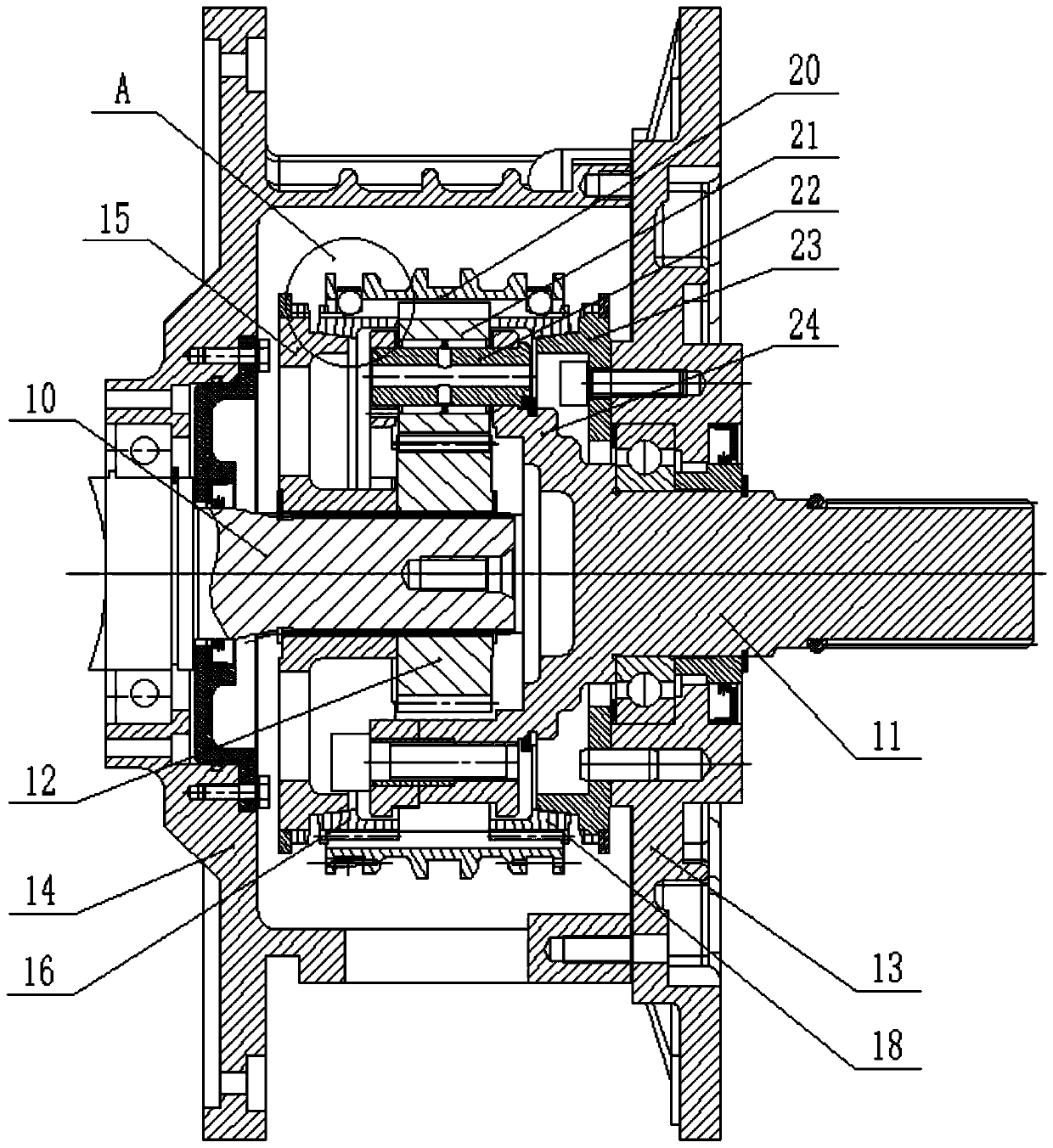 Integrated planetary mechanism two-gear transmission