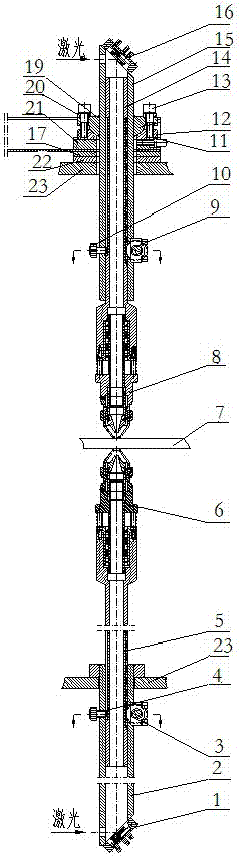 Laser cutting machine upper and lower laser head coaxial, lifting adjustment device and method