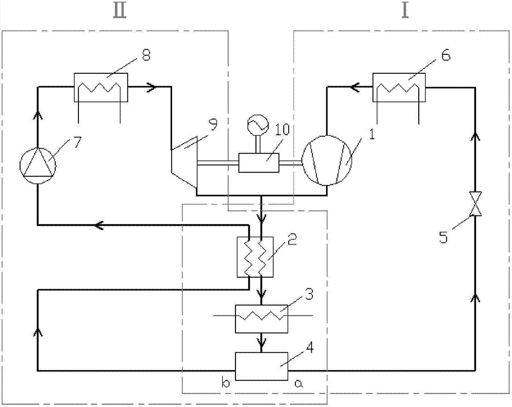 Device for combining power cycle with compression type refrigerating cycle