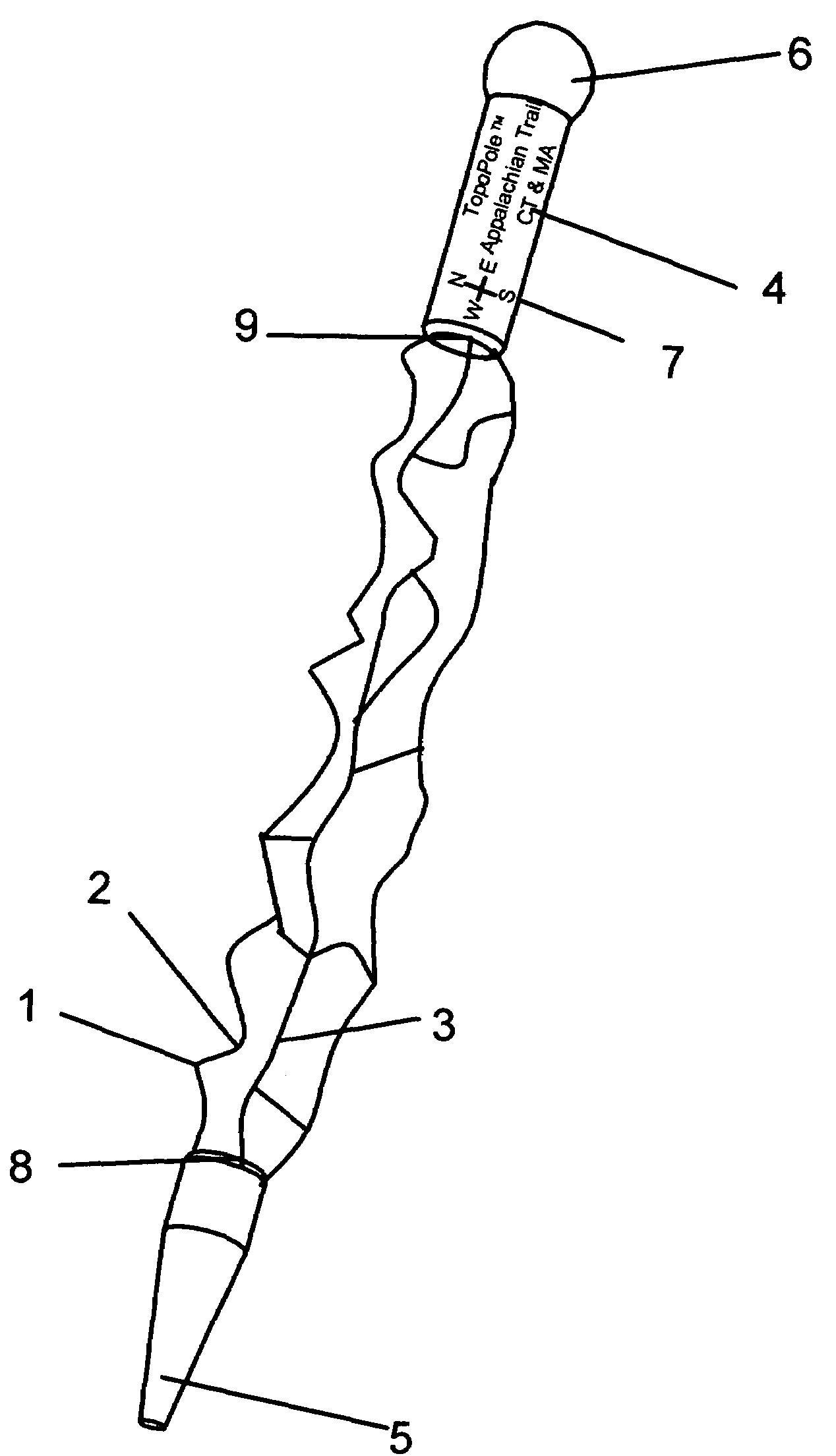 Hiking staff, ski pole, or boat paddle, with integrated topographical representations of trails and or terrain