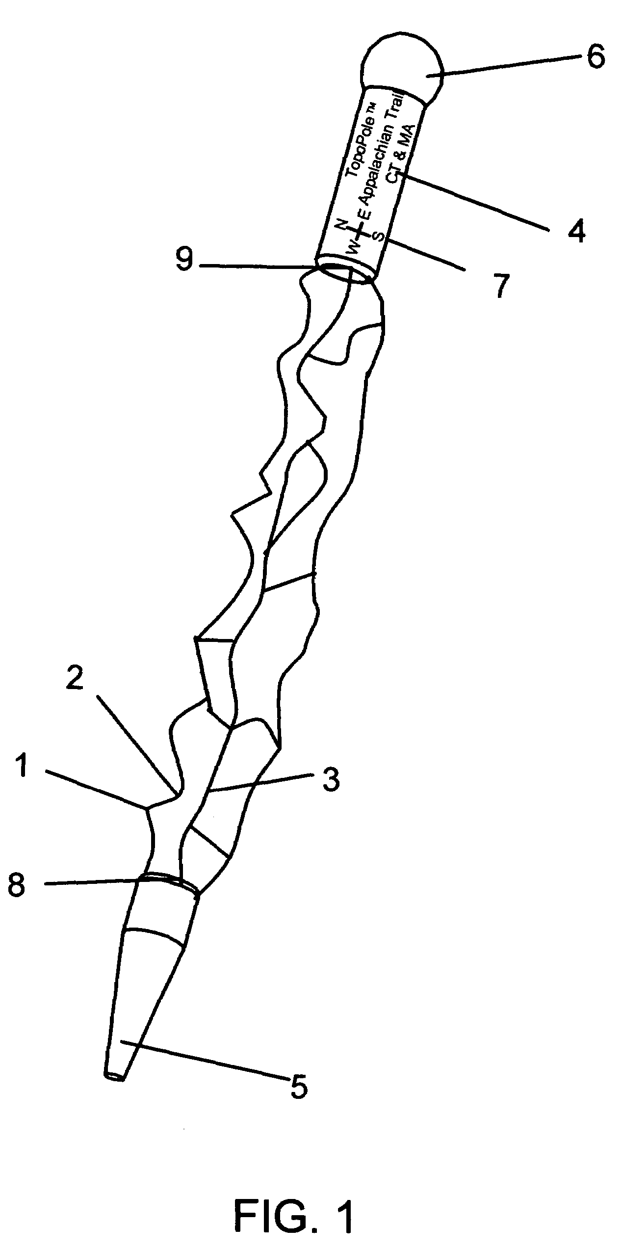 Hiking staff, ski pole, or boat paddle, with integrated topographical representations of trails and or terrain