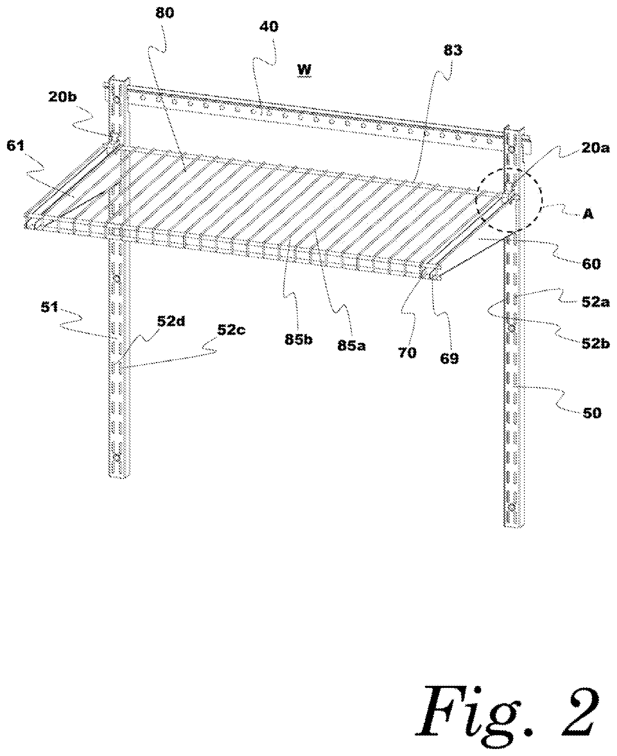 Pivoting mesh shelf locking clamp