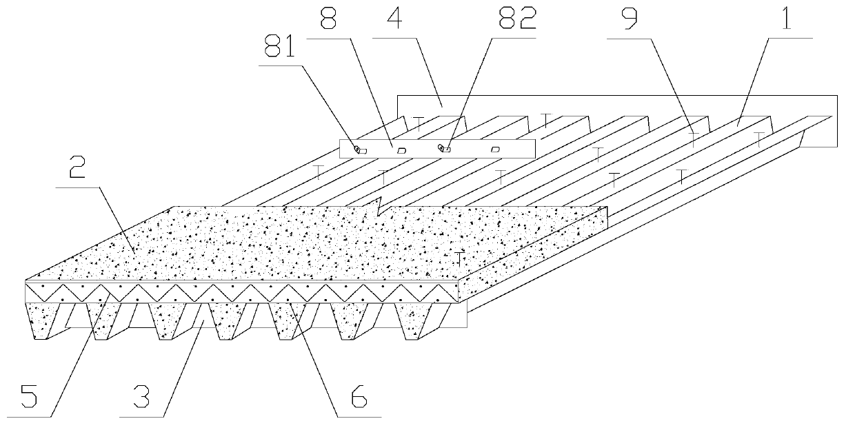 Corrugated plate steel mold integrated composite structure bridge deck system and construction technology thereof