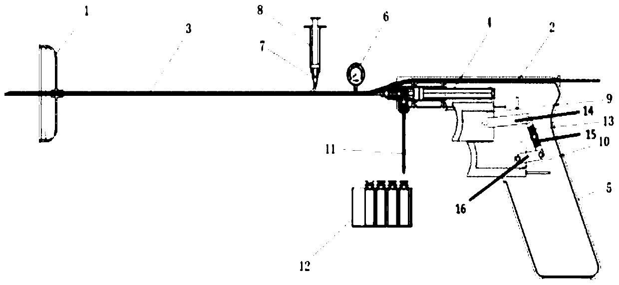 Pressure-measuring fluid-discharging injection gun for lumbar puncture