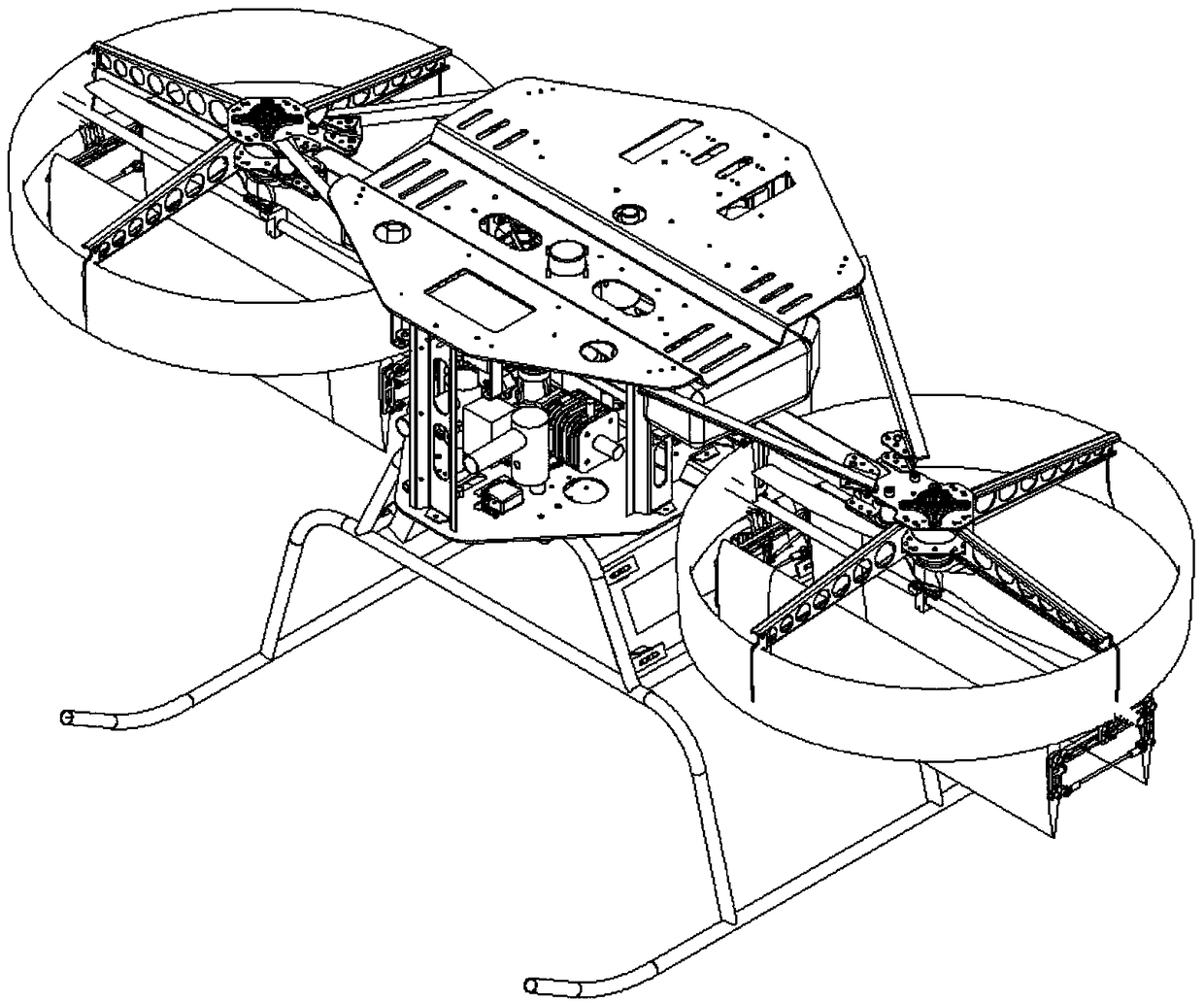 A tandem double-duct unmanned aerial vehicle capable of power generation and loading with two-stage transmission engines