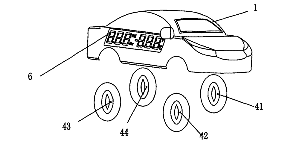 Vehicle tyre pressure monitoring and alarm device displayed by vehicle model