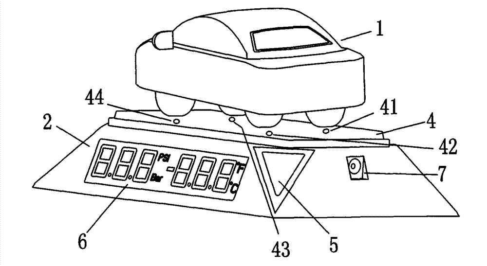 Vehicle tyre pressure monitoring and alarm device displayed by vehicle model