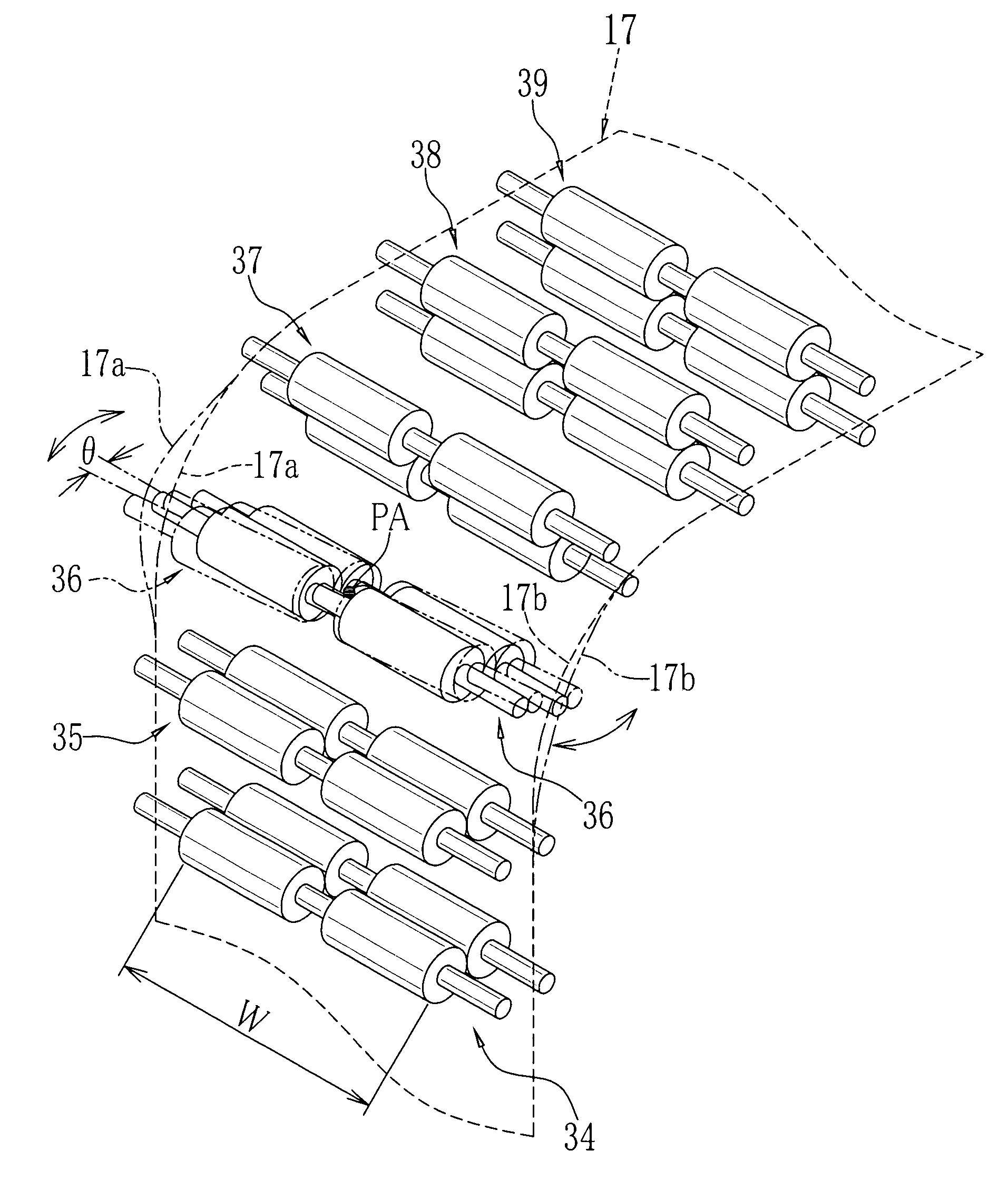Sheet carrying device with tilted skew correction and force releasing carriers