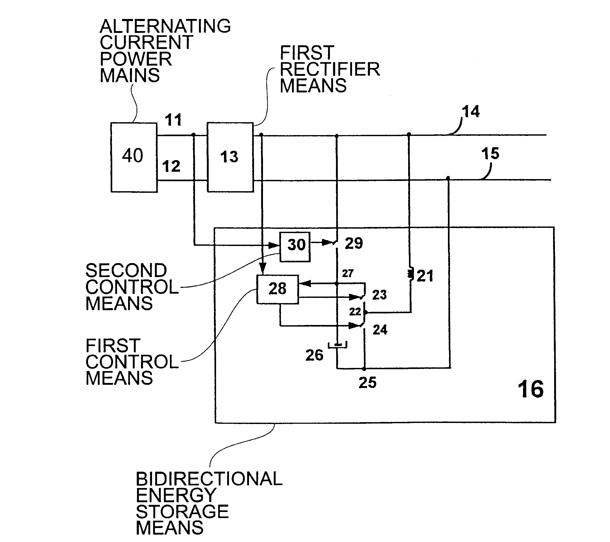Switched power converter with hold-up time and harmonics reduction