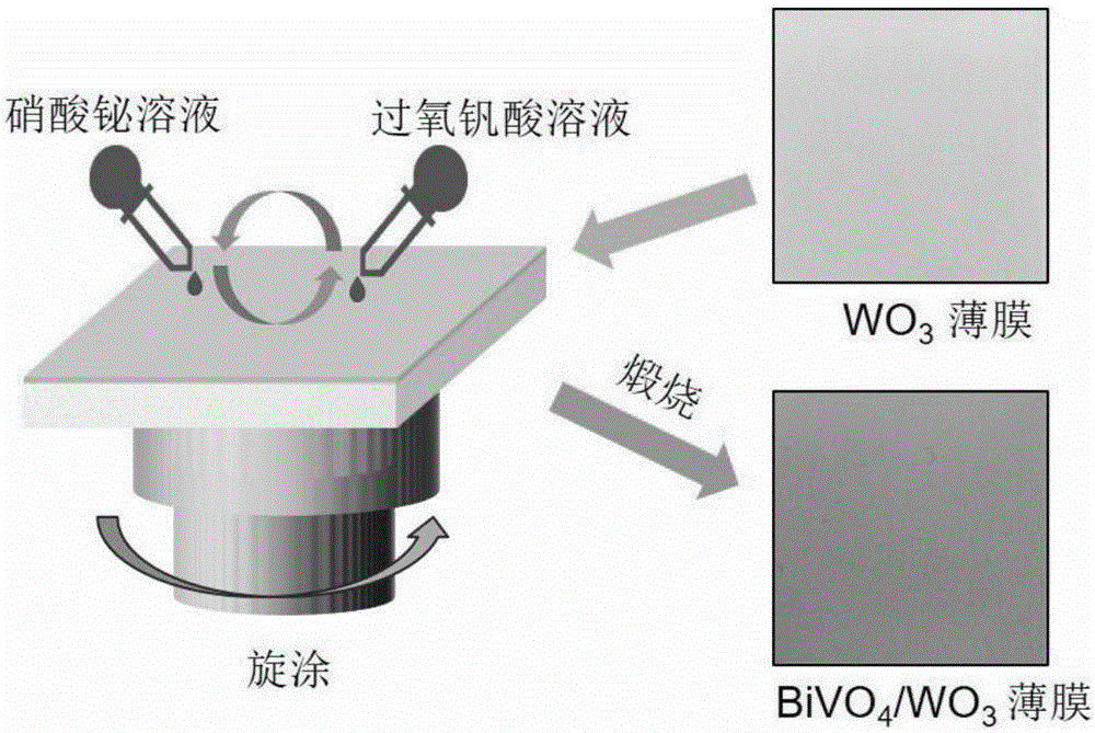 Preparation method of visible-light response tungsten trioxide-bismuth vanadate heterojunction thin film electrode