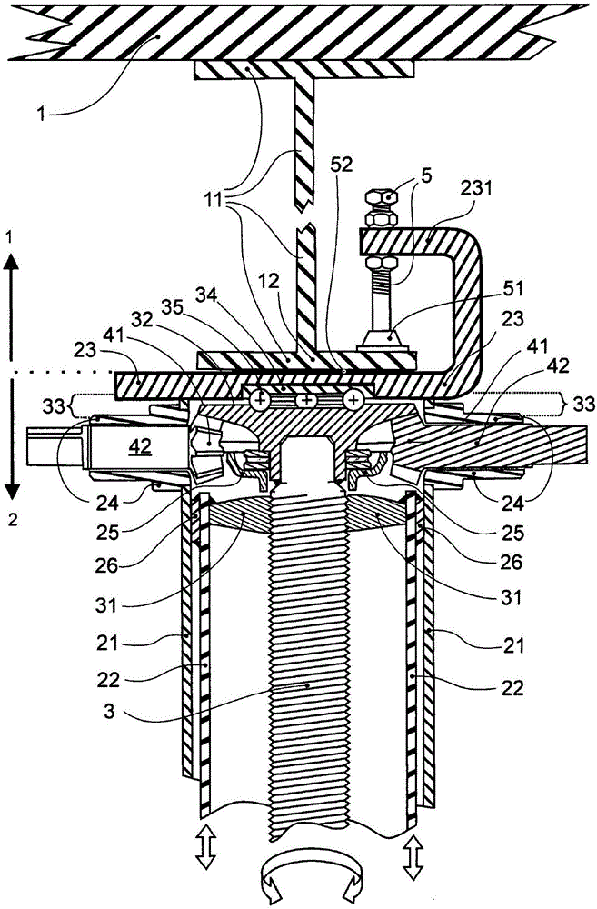 Telescopic prop comprising a spindle, and driving said prop by means of a crown wheel comprising an integrated thrust bearing for supporting loads