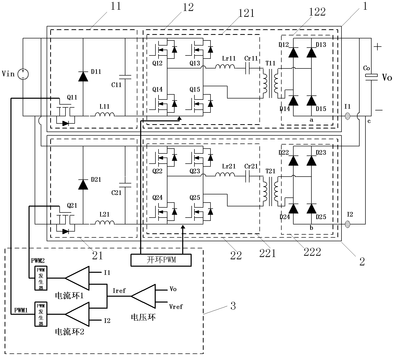Multiphase phase stagger parallel connection two-stage converter