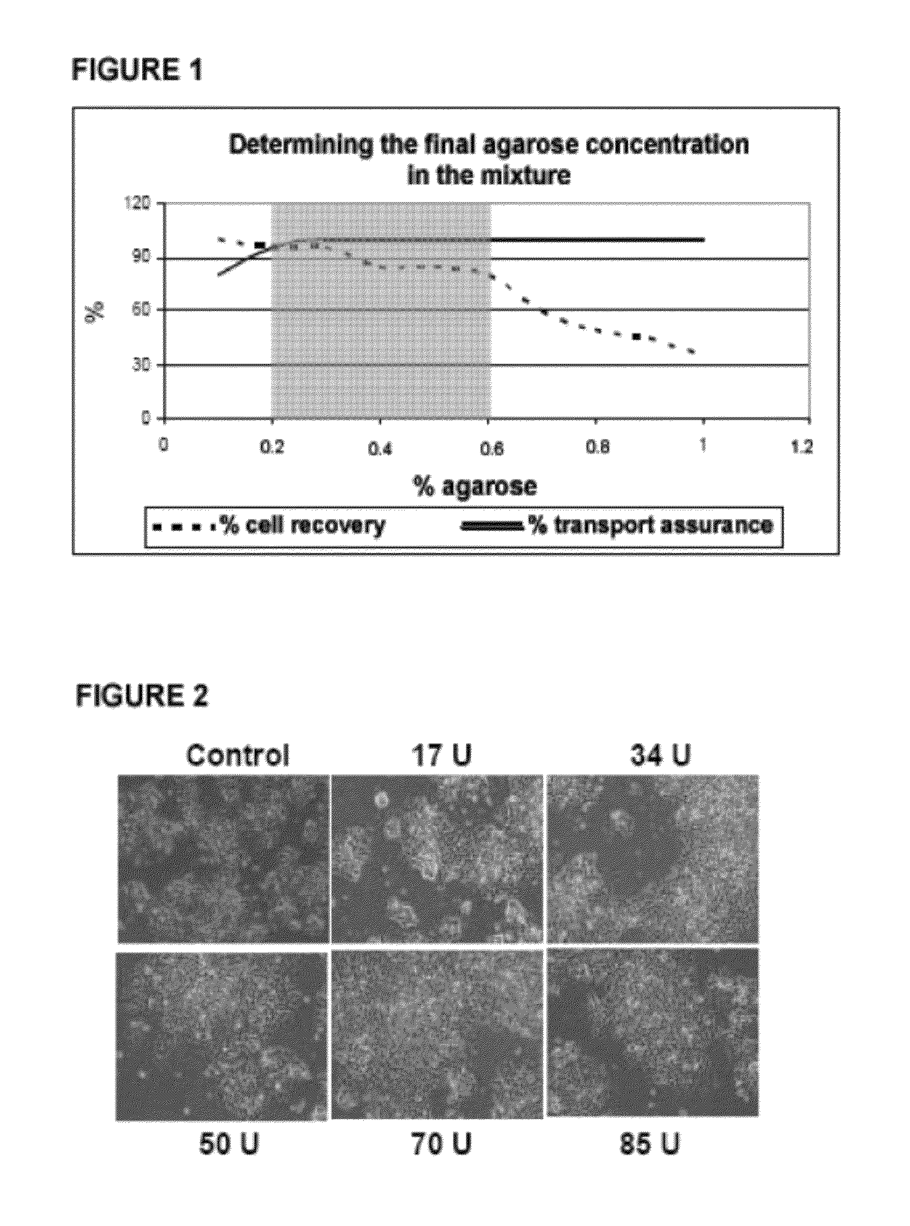 Cell transport system comprising a homogeneous mixture of agarose and agarase
