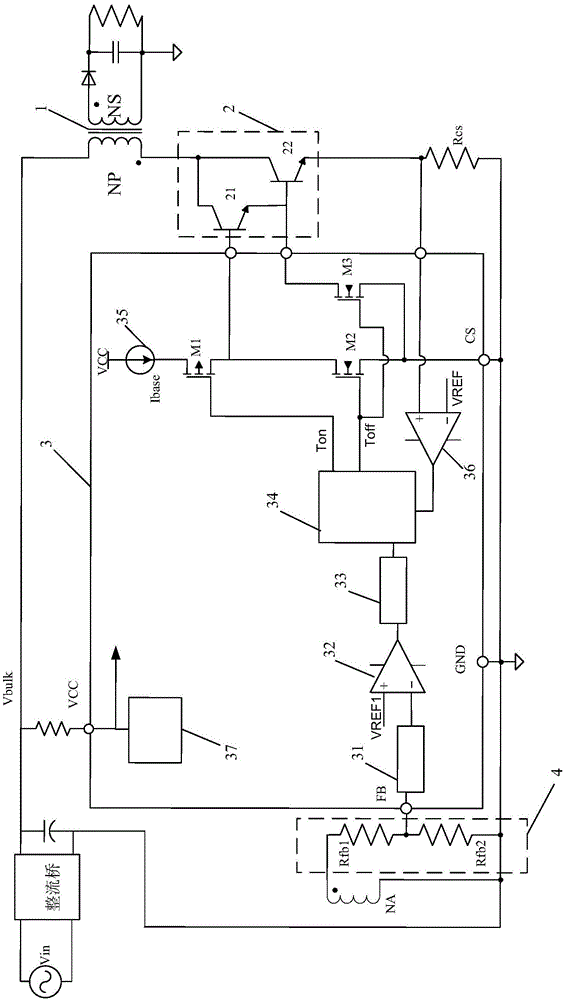 Switching power supply with multi-stage Darlington transistor