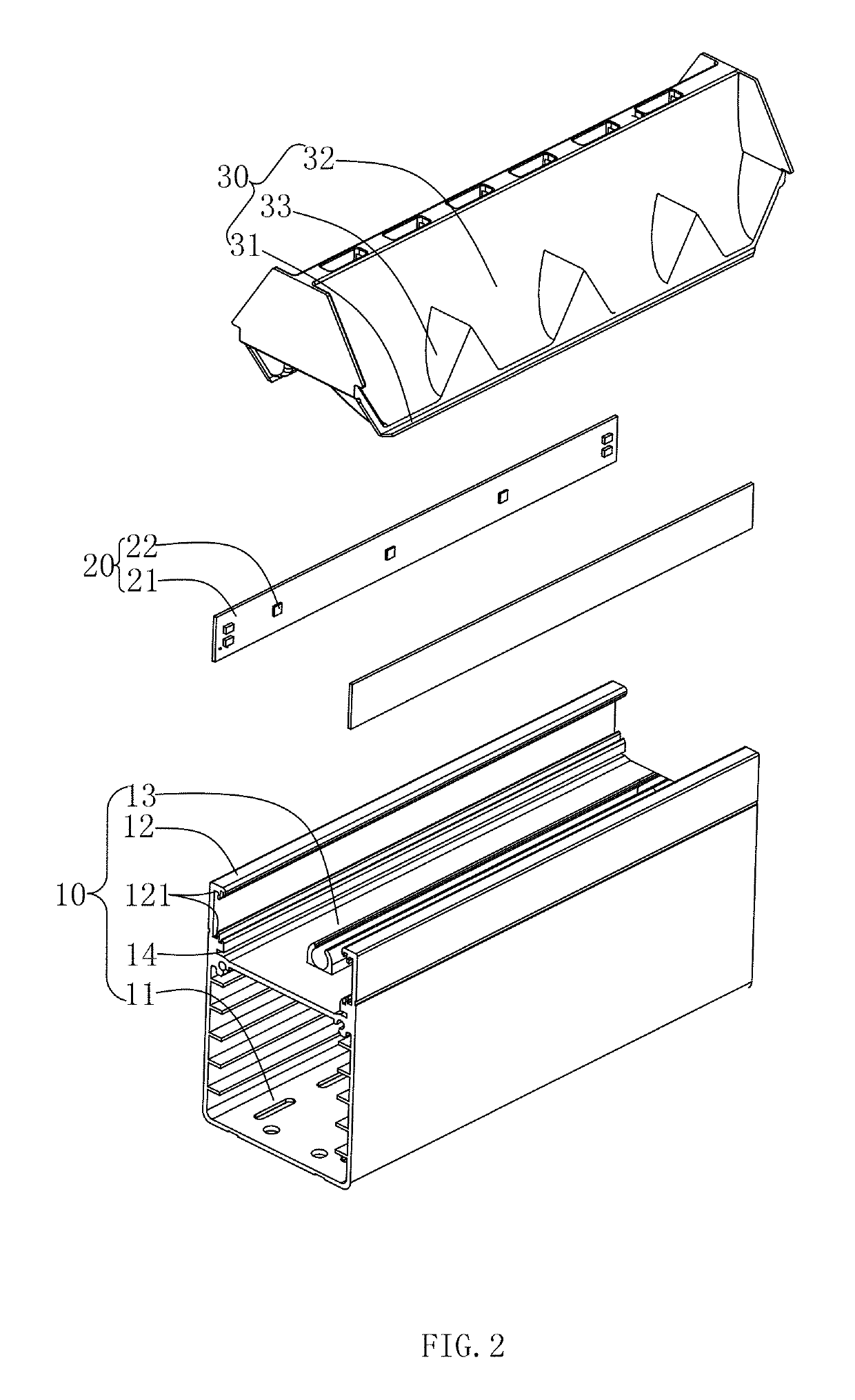 LED strip lamp light distributing system having a light source module and a reflective device with various curvatures for illuminating different sections of an illuminated surface