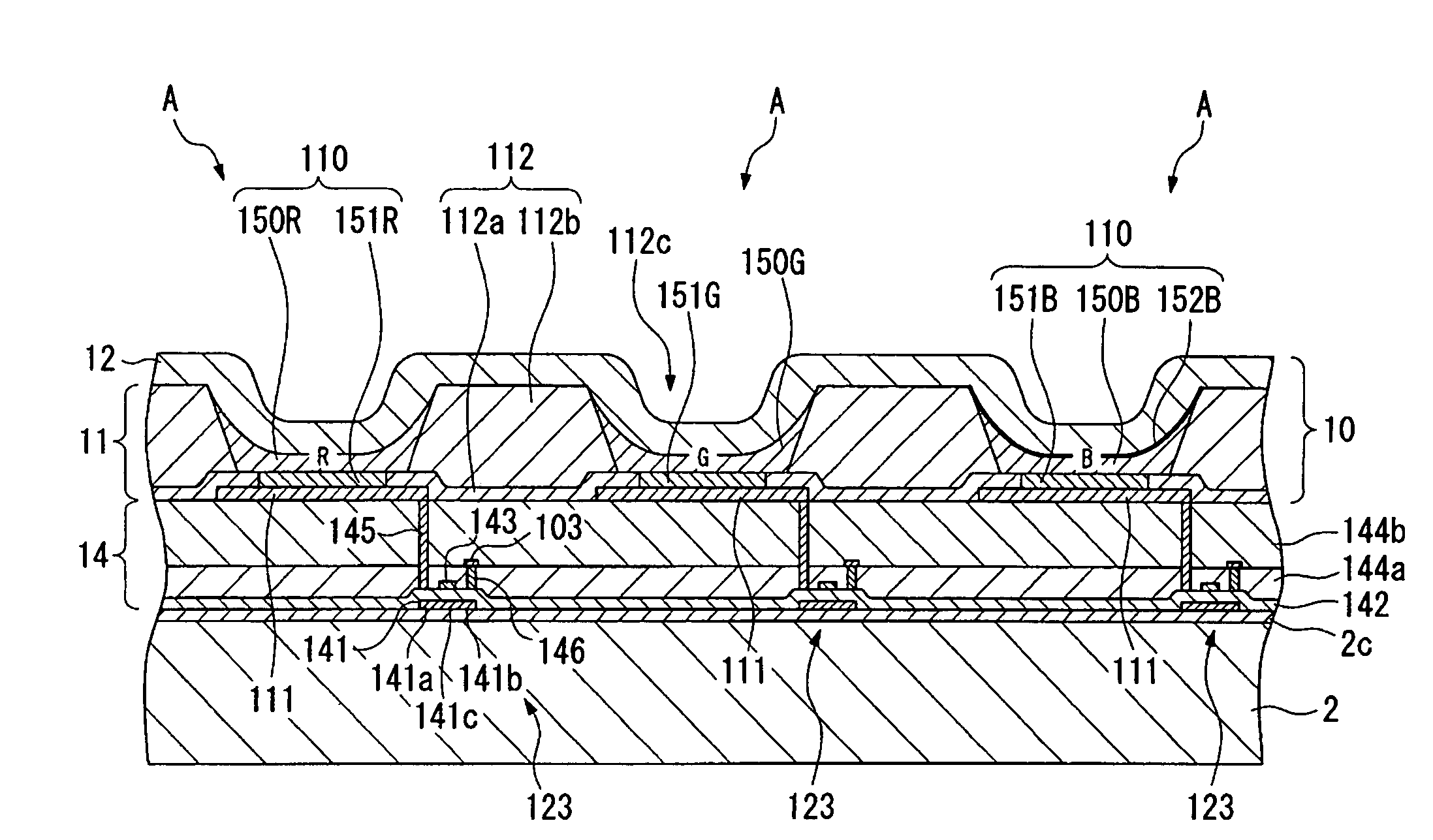 Organic electroluminescent device with HIL/HTL specific to each RGB pixel