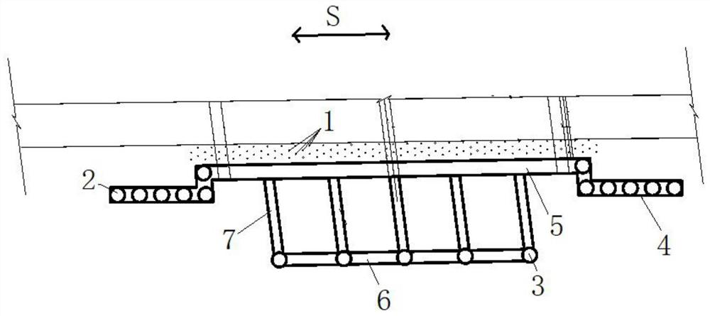 Pushing frame bridge outlet end roadbed protection thrust structure and construction process thereof