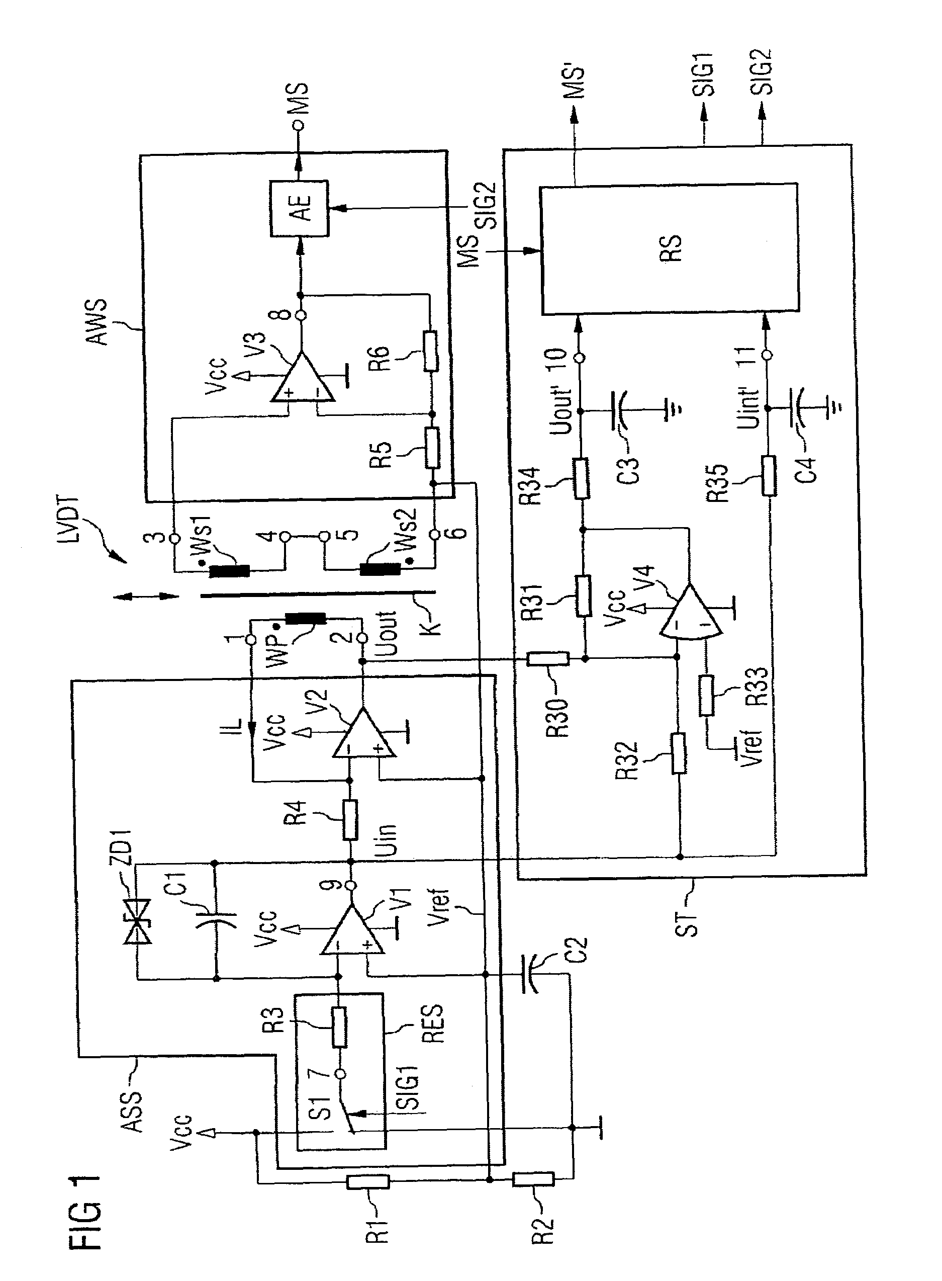 Circuit arrangement with a linear variable differential transformer (LVDT) as a displacement sensor or force sensor