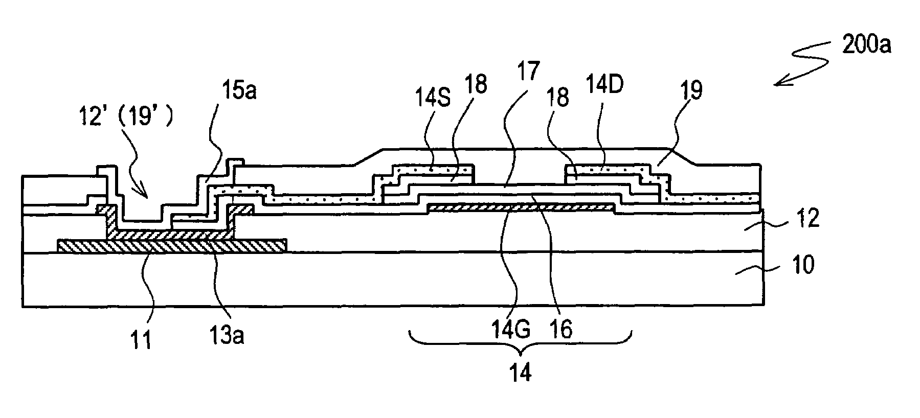 Active-matrix substrate and display device including the substrate wherein a bottom-gate TFT has data lines formed below the gate lines