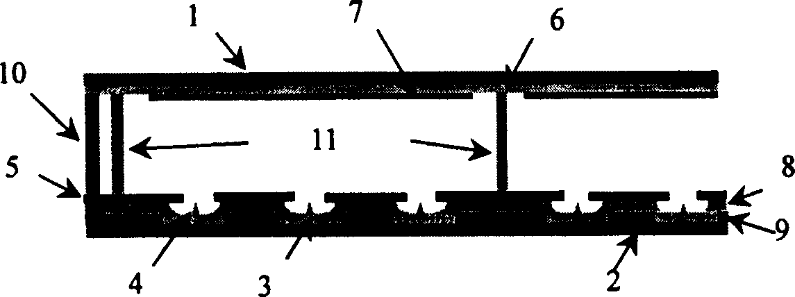 Field emission addressing structure with low dynamic range of modulating voltage