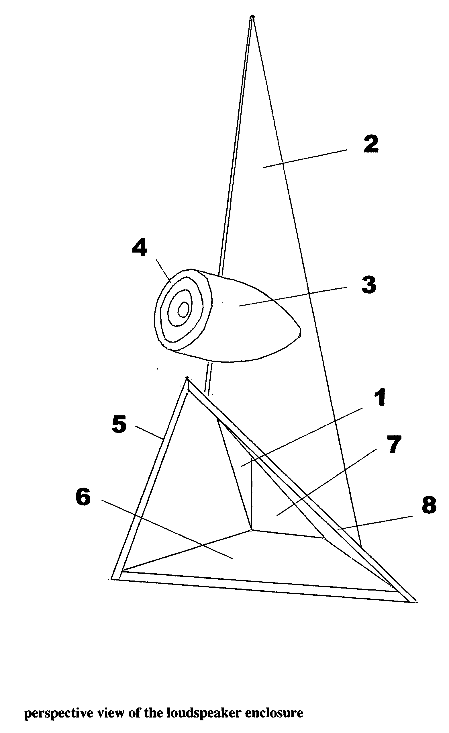 Loudspeaker enclosure with cylindrical compression chamber and tapered triangular folded horn terminating in an extended triangular bell.
