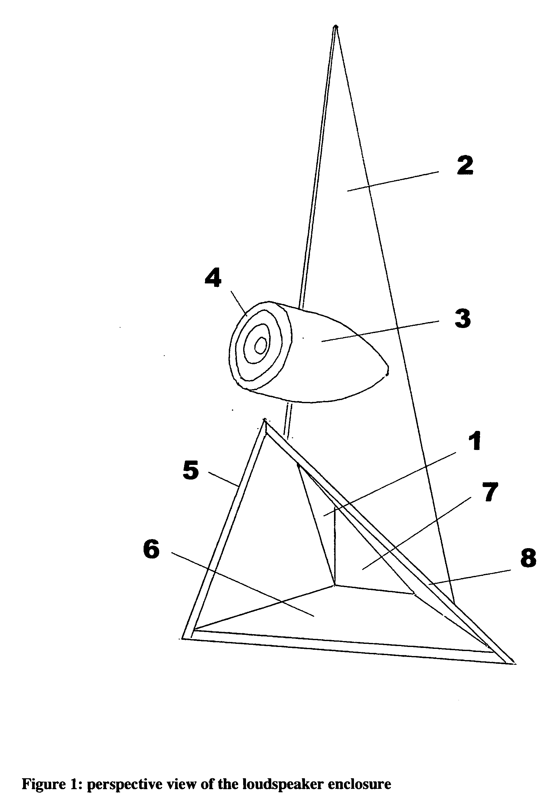 Loudspeaker enclosure with cylindrical compression chamber and tapered triangular folded horn terminating in an extended triangular bell.