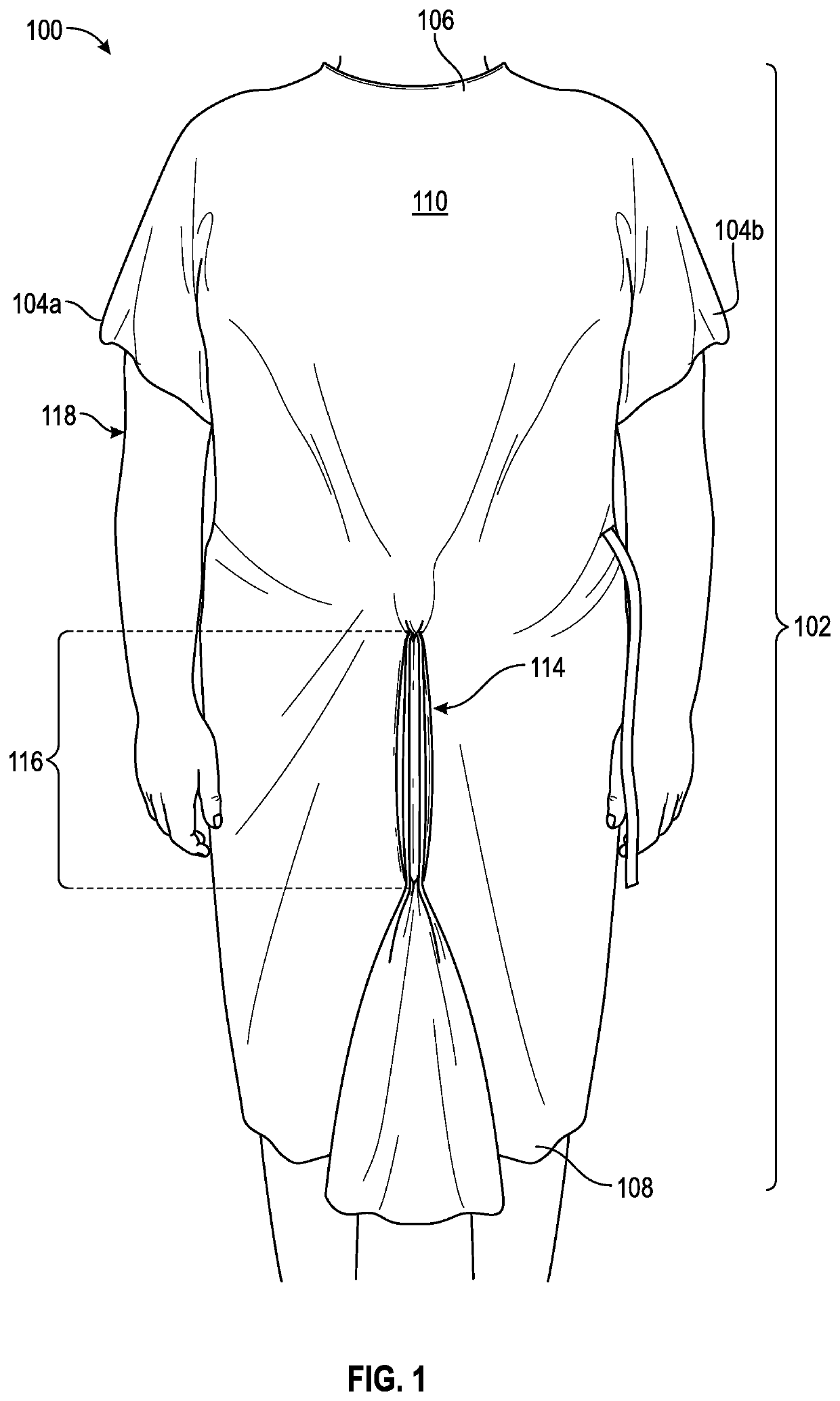 Gown with pleated opening for discrete elimination of urine and method of manufacture