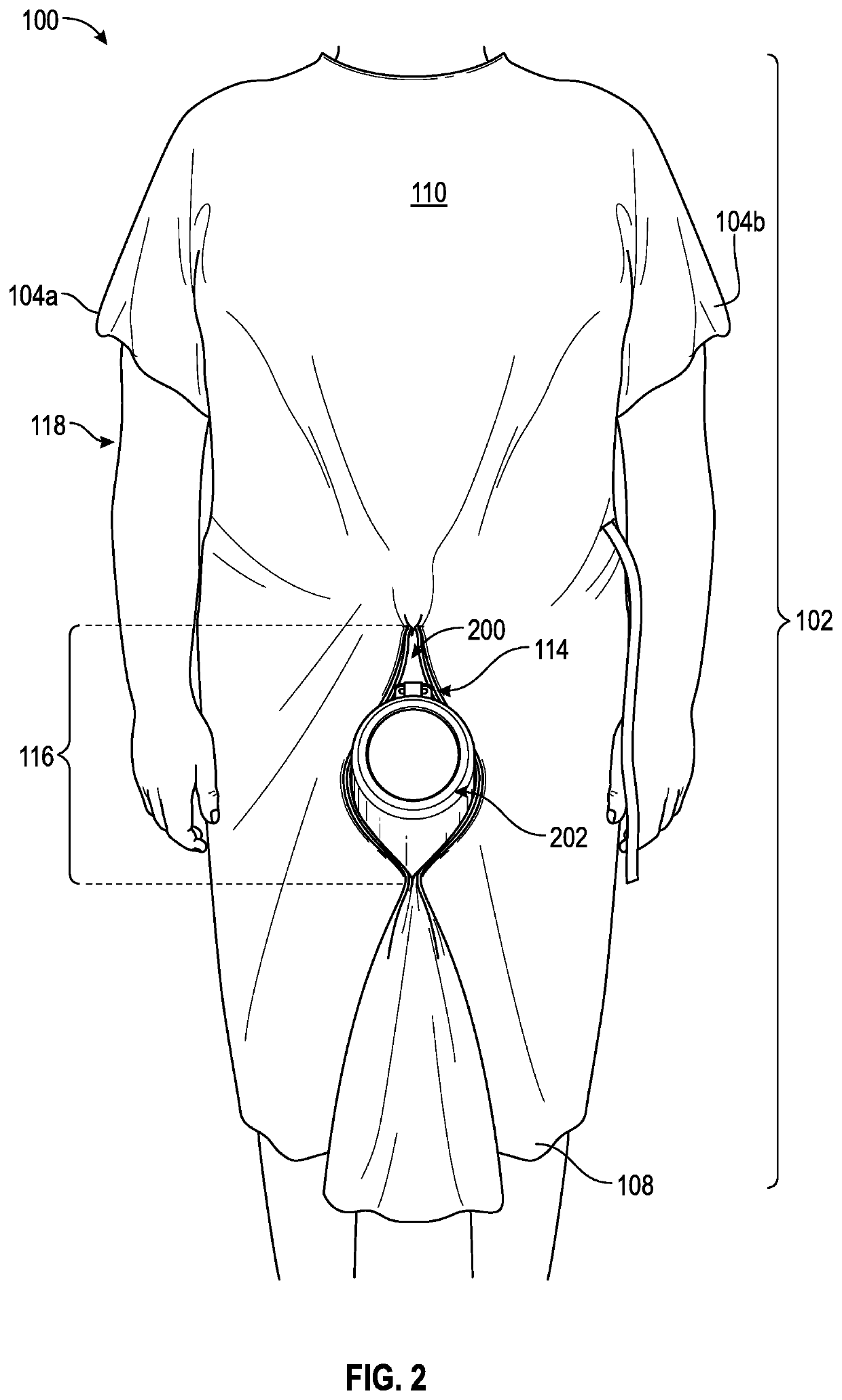 Gown with pleated opening for discrete elimination of urine and method of manufacture