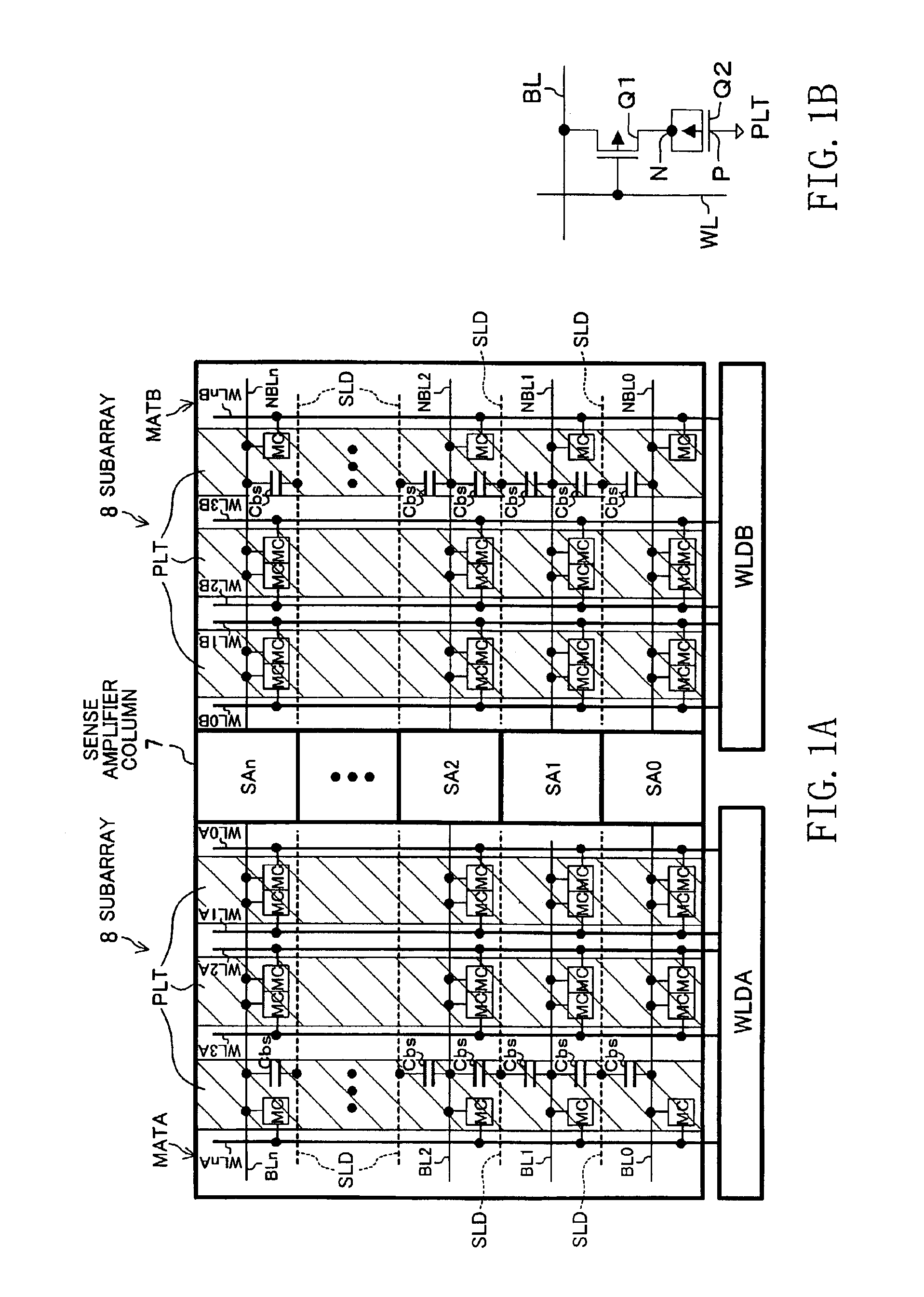 Semiconductor memory device in which bit lines connected to dynamic memory cells extend left and right of sense amplifier column
