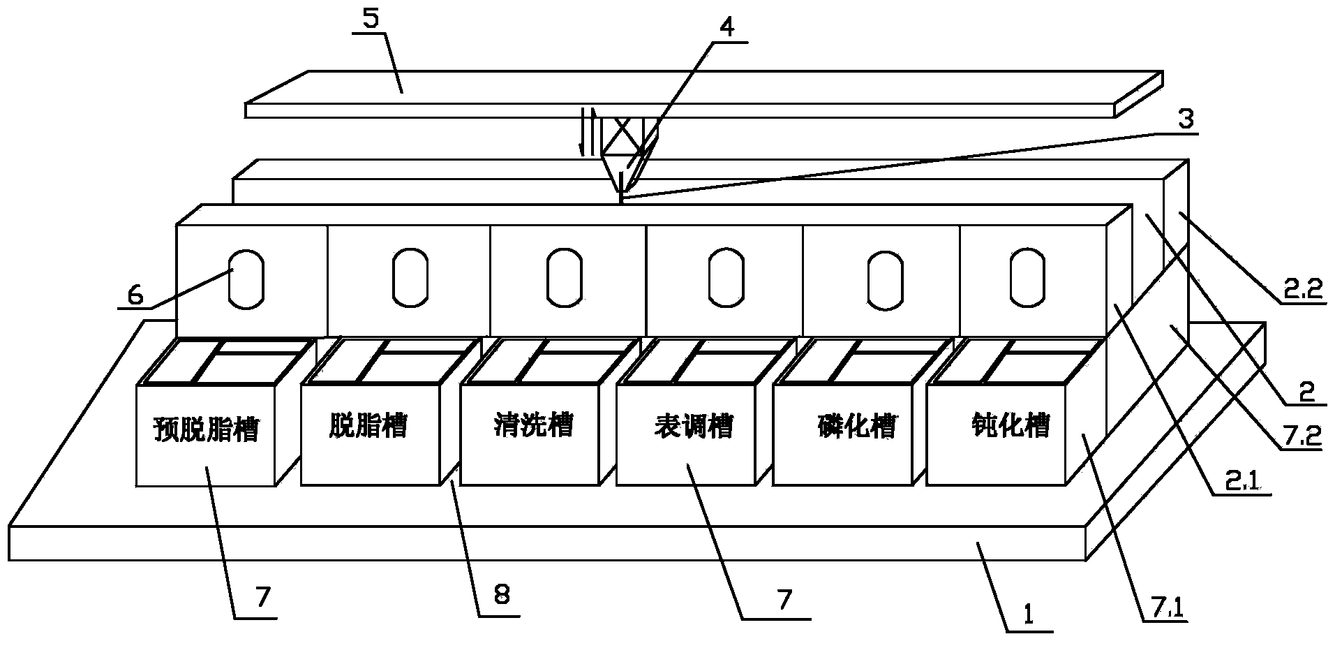 Coating pretreatment analog device with functions of tank leaching and sprinkling