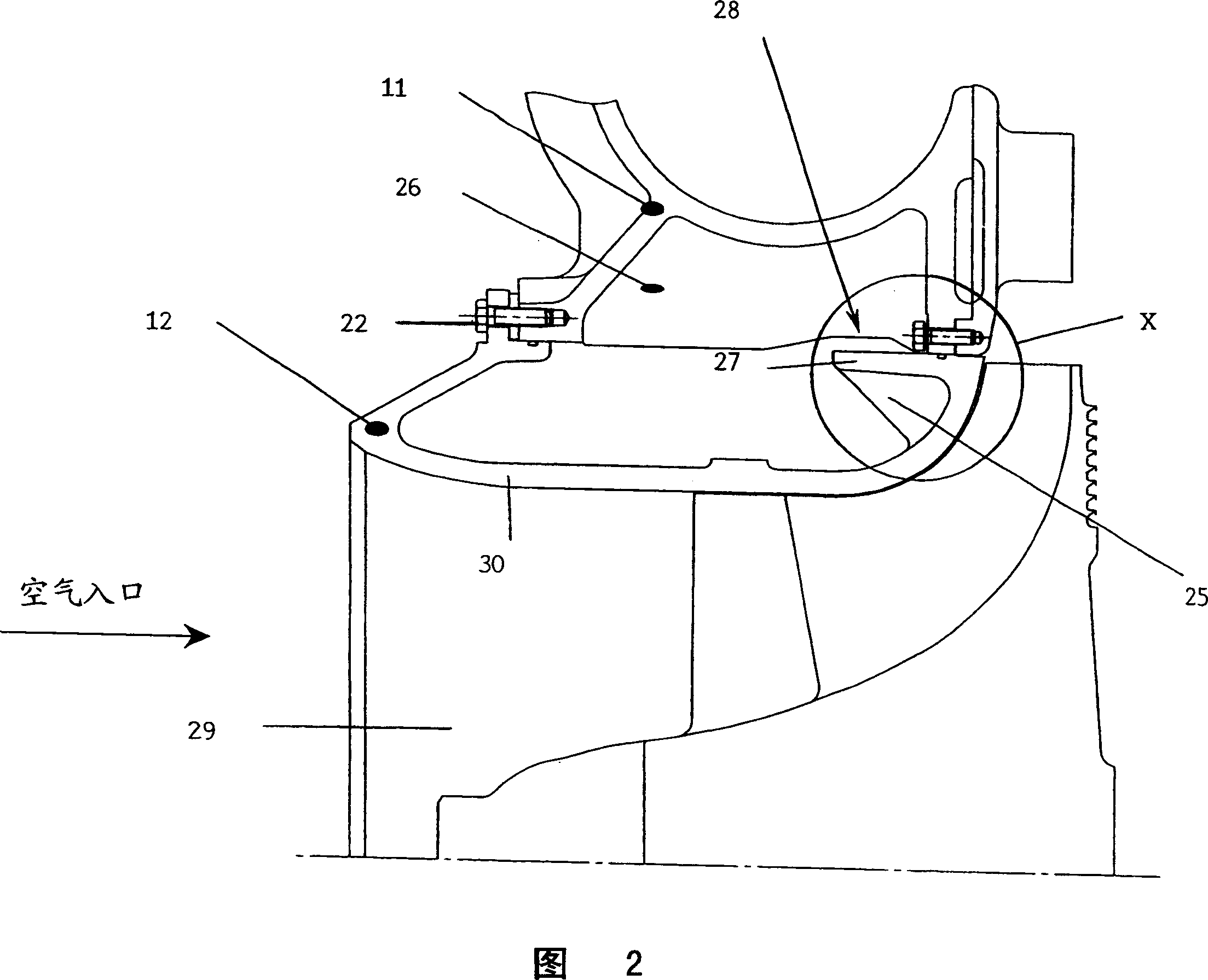 External housing safety device for turbocharger with axial flow fluid compressor