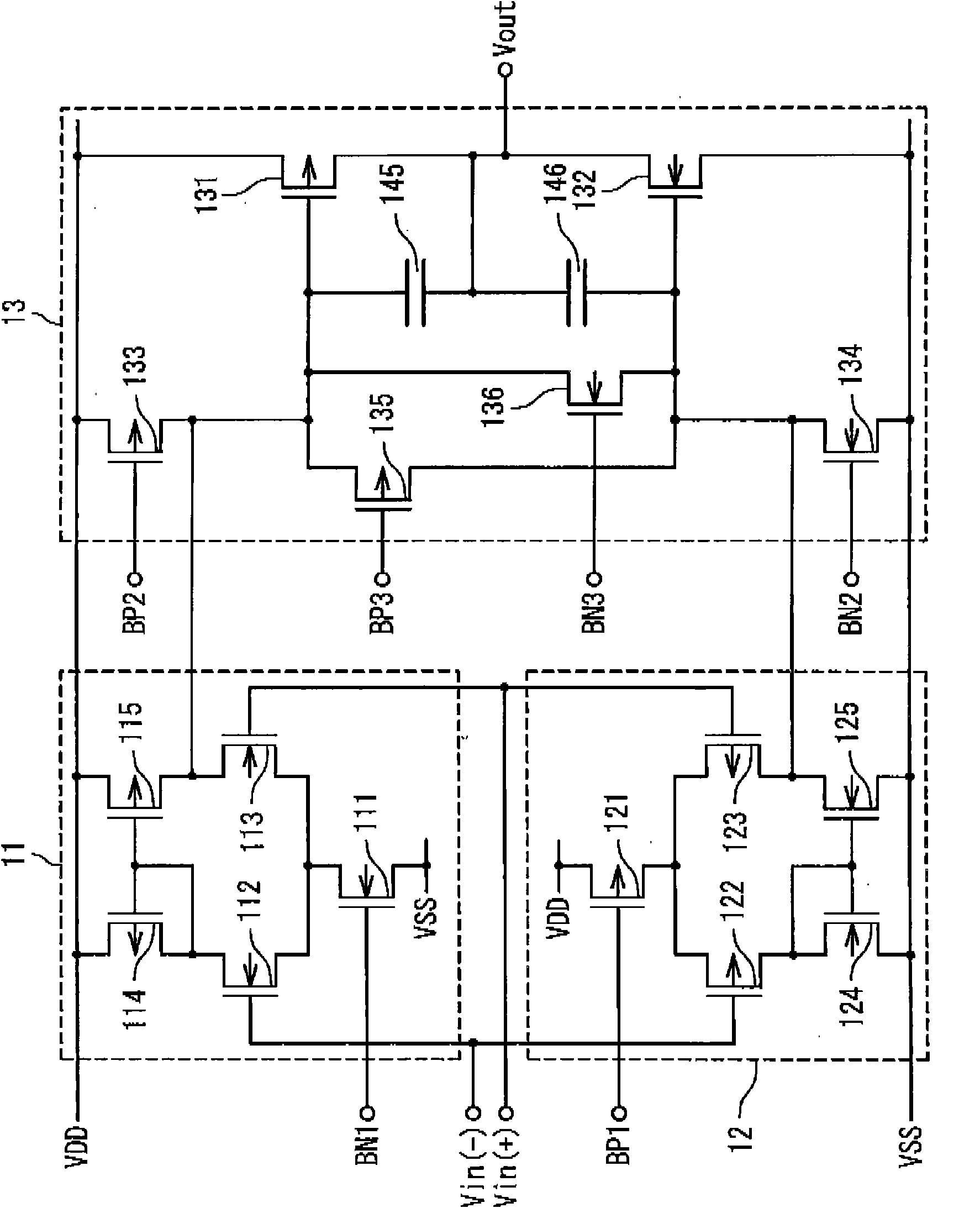 Differential class AB amplifier circuit, driver circuit and display device