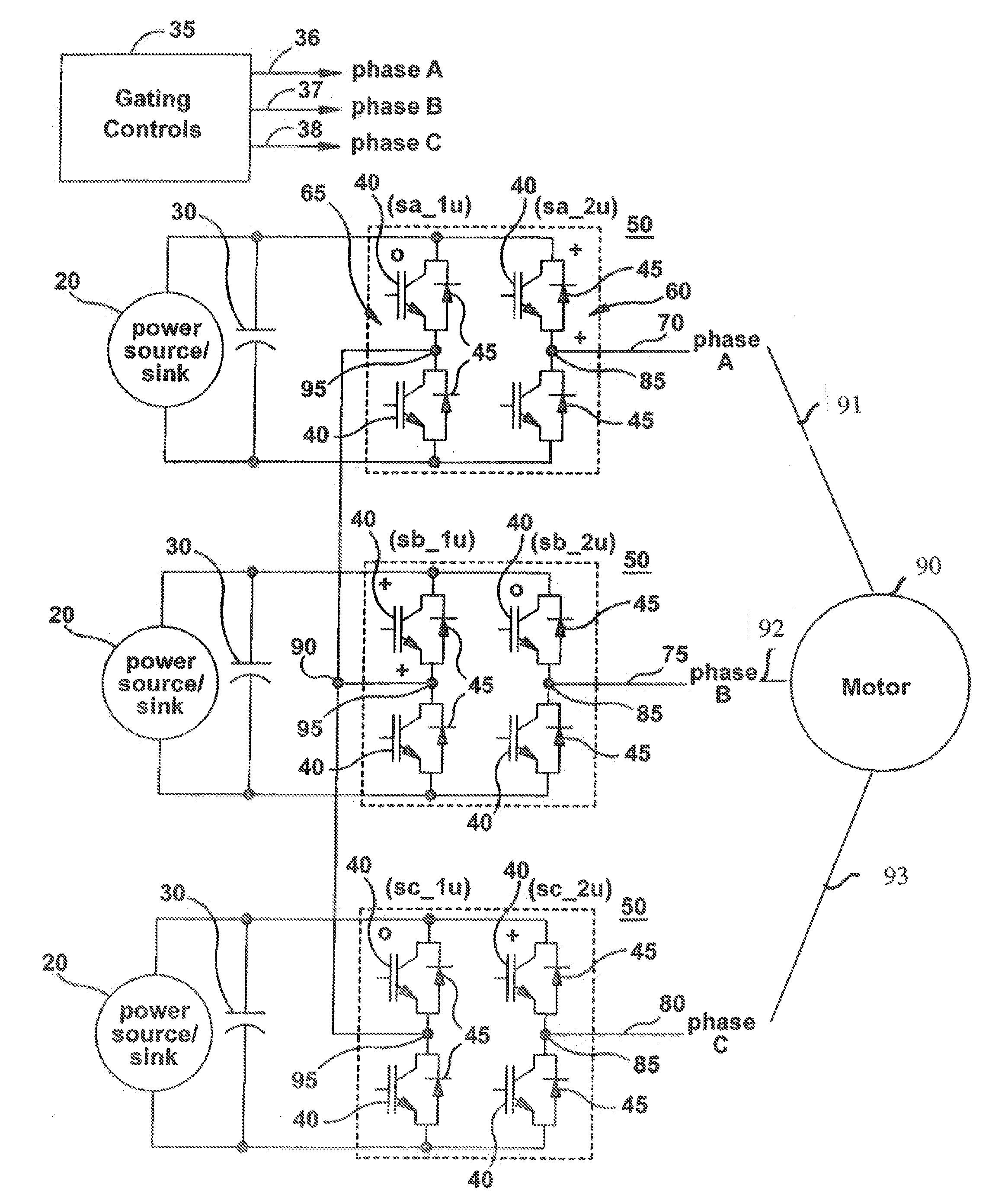 Zero-current notch waveform for control of a three-phase, wye-connected H-bridge converter for powering a high-speed electric motor