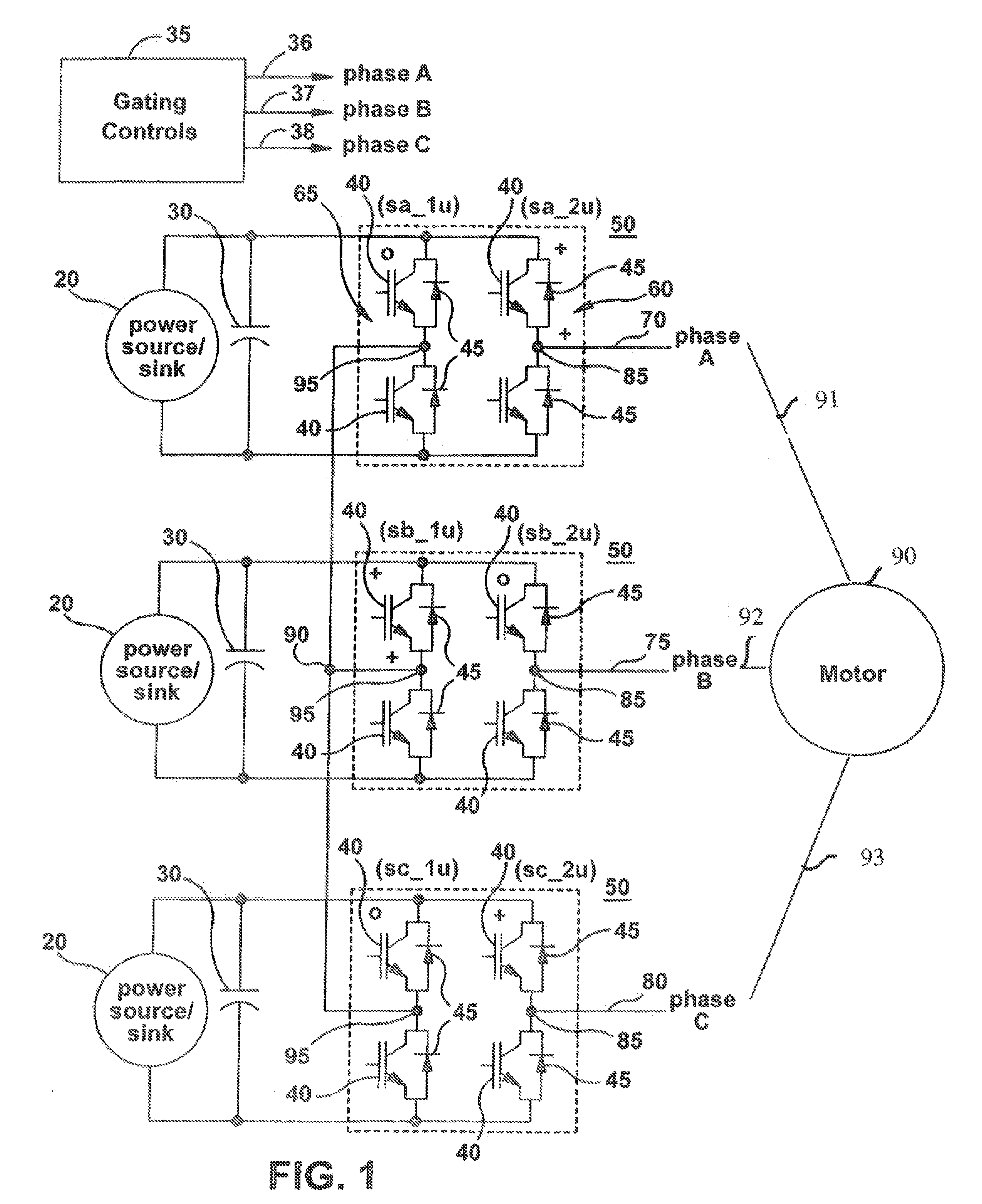 Zero-current notch waveform for control of a three-phase, wye-connected H-bridge converter for powering a high-speed electric motor