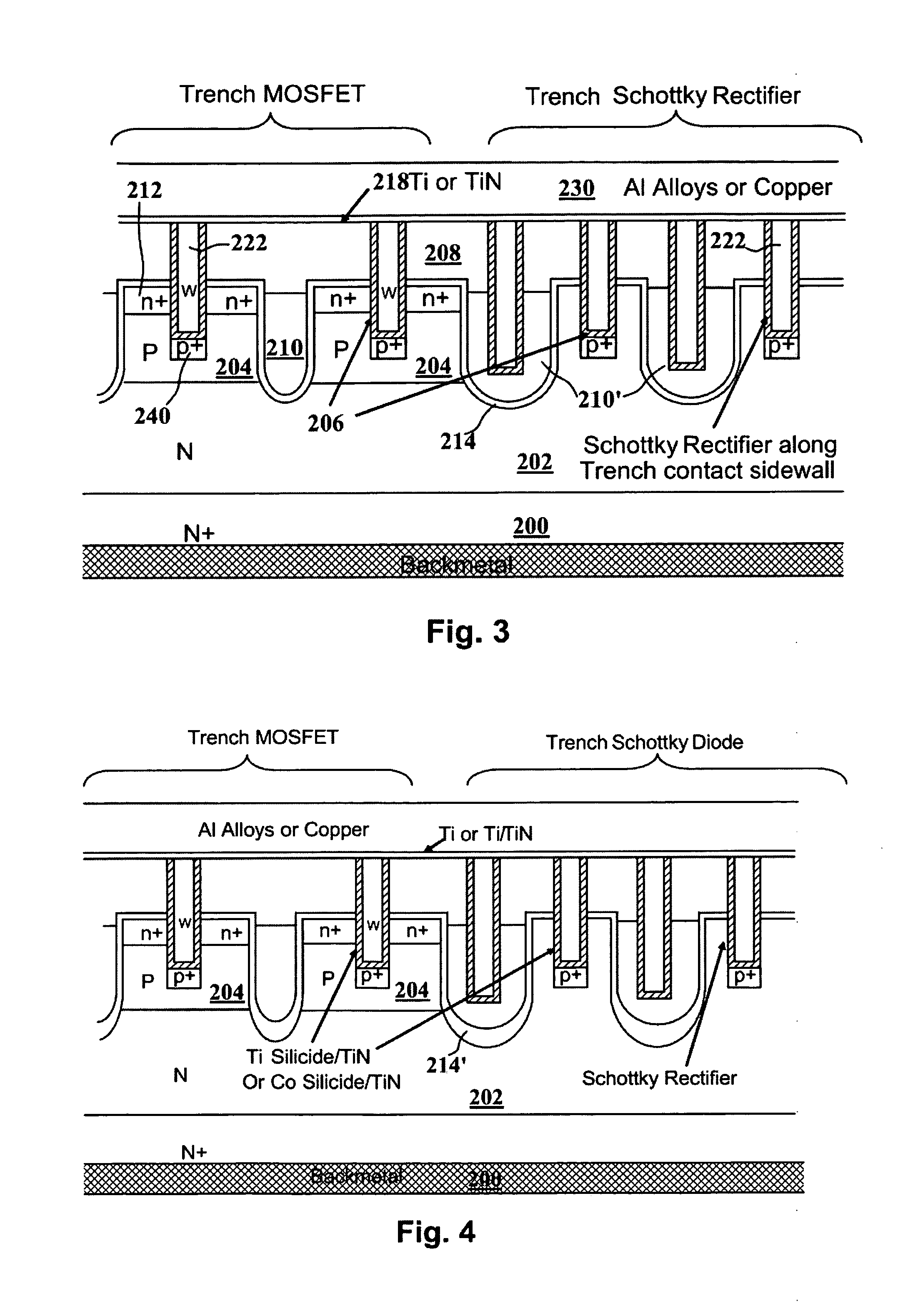 Integrated trench Mosfet and Schottky Rectifier with trench contact structure