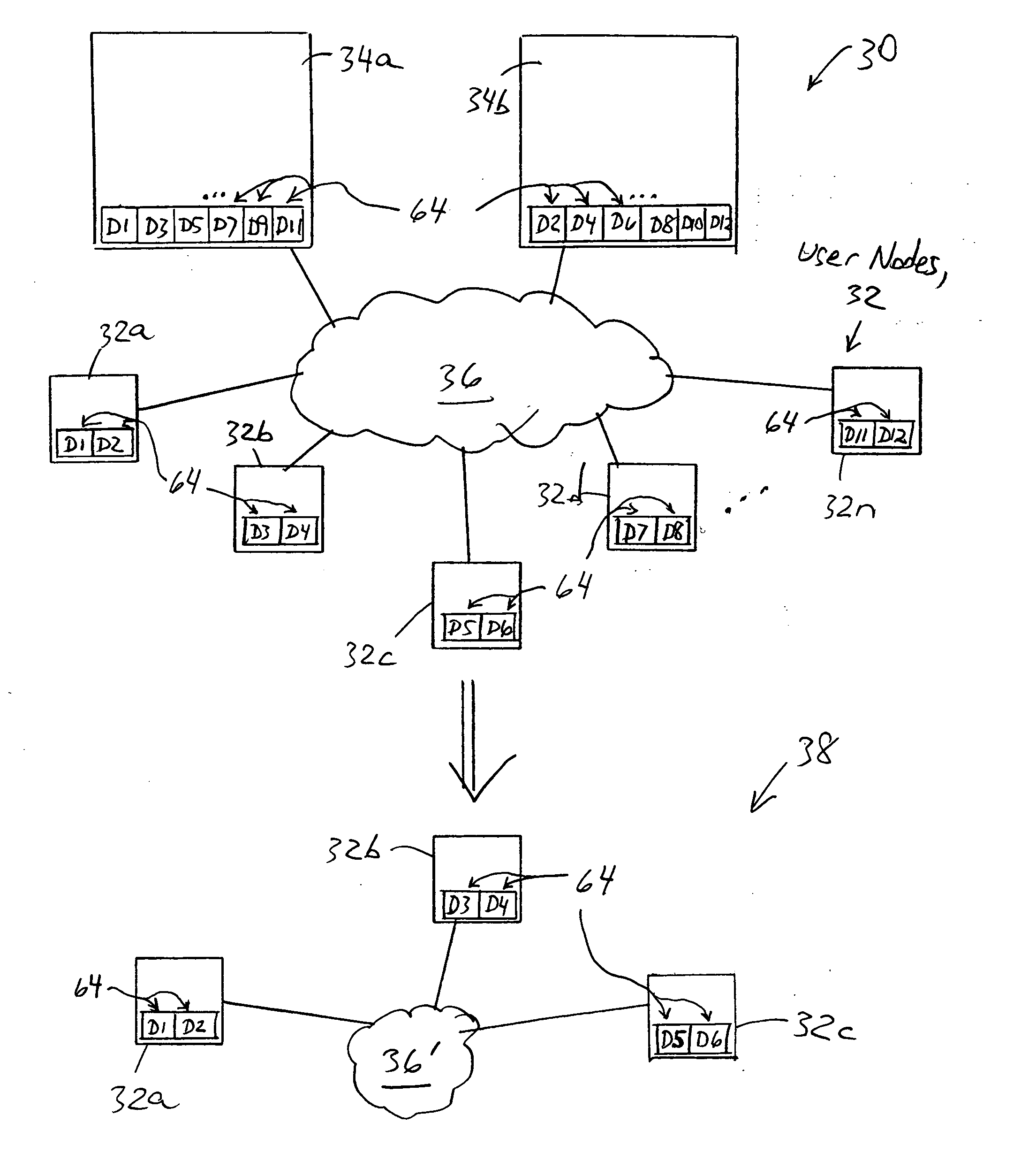 Arrangement for recovery of data by network nodes based on retrieval of encoded data distributed among the network nodes
