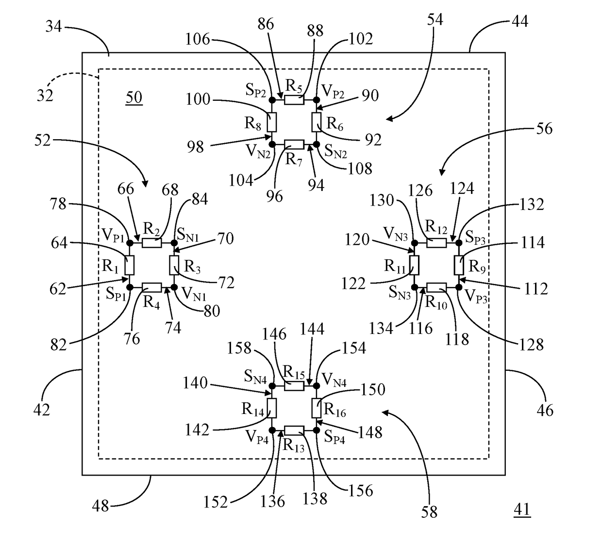 Pressure sensor having sense elements in multiple wheatstone bridges with chained outputs