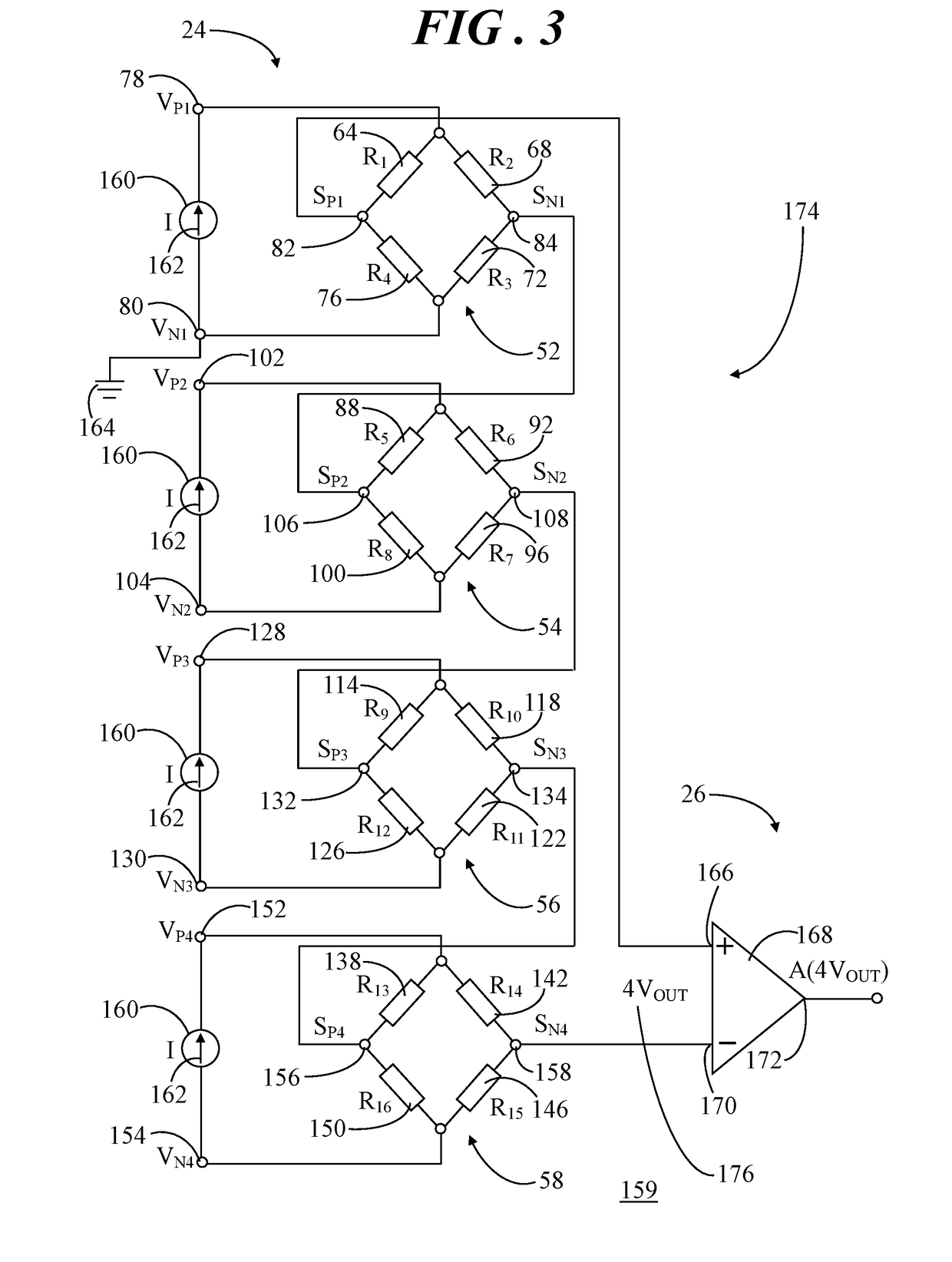 Pressure sensor having sense elements in multiple wheatstone bridges with chained outputs