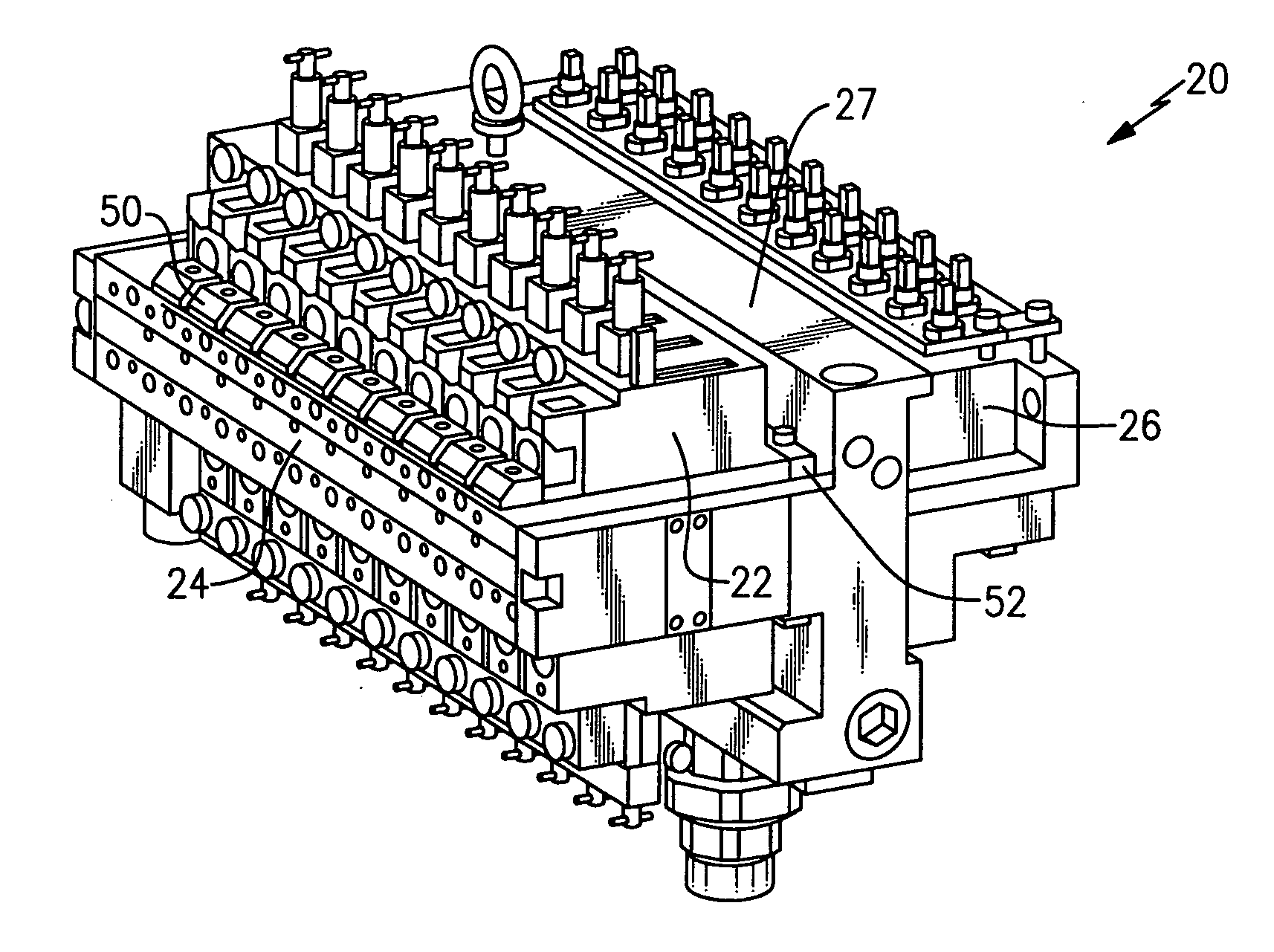 Interchangeable valve for a valve block used with a glass machine
