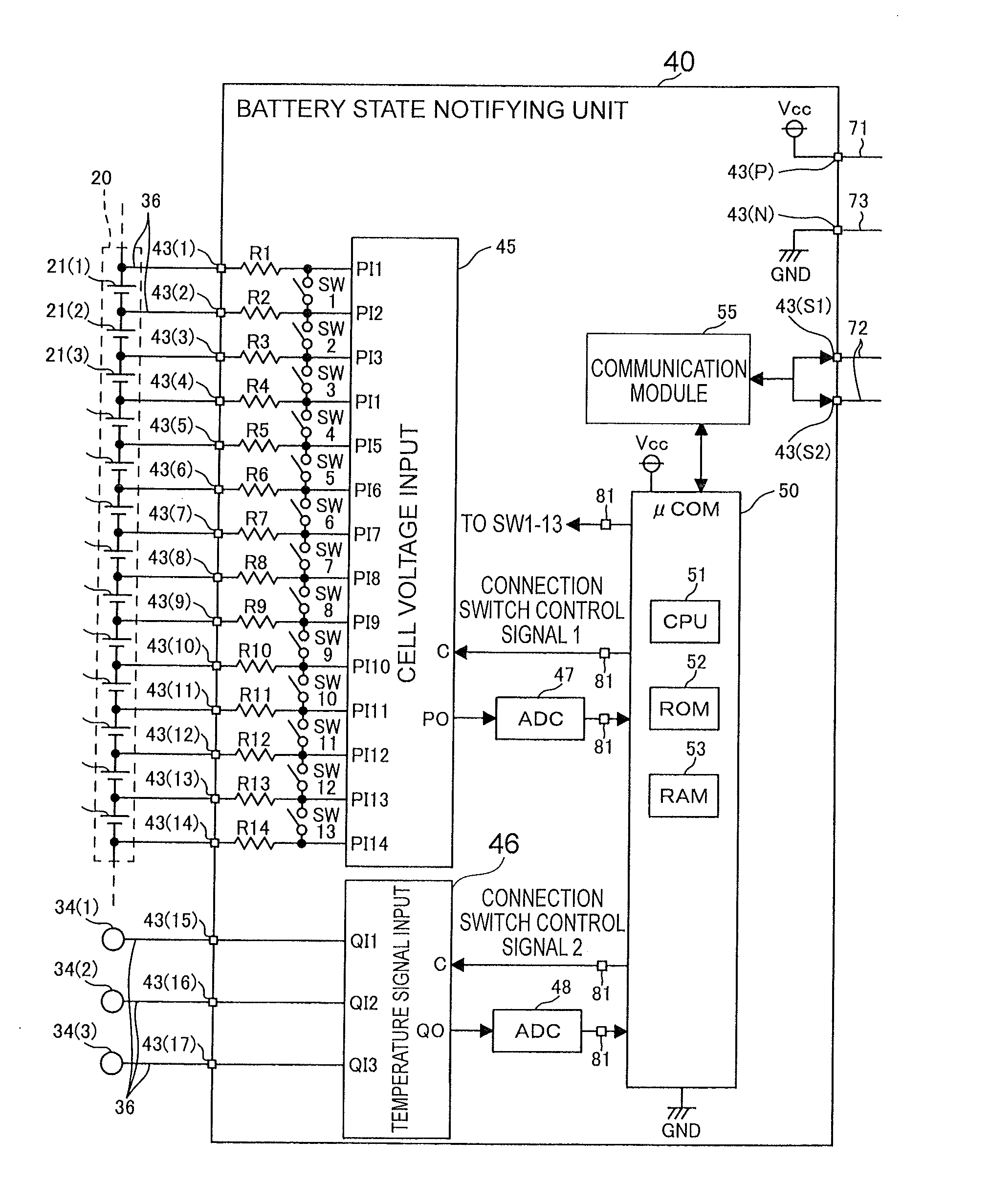 Battery state notifying unit, bus bar module, battery pack, and battery state monitoring system