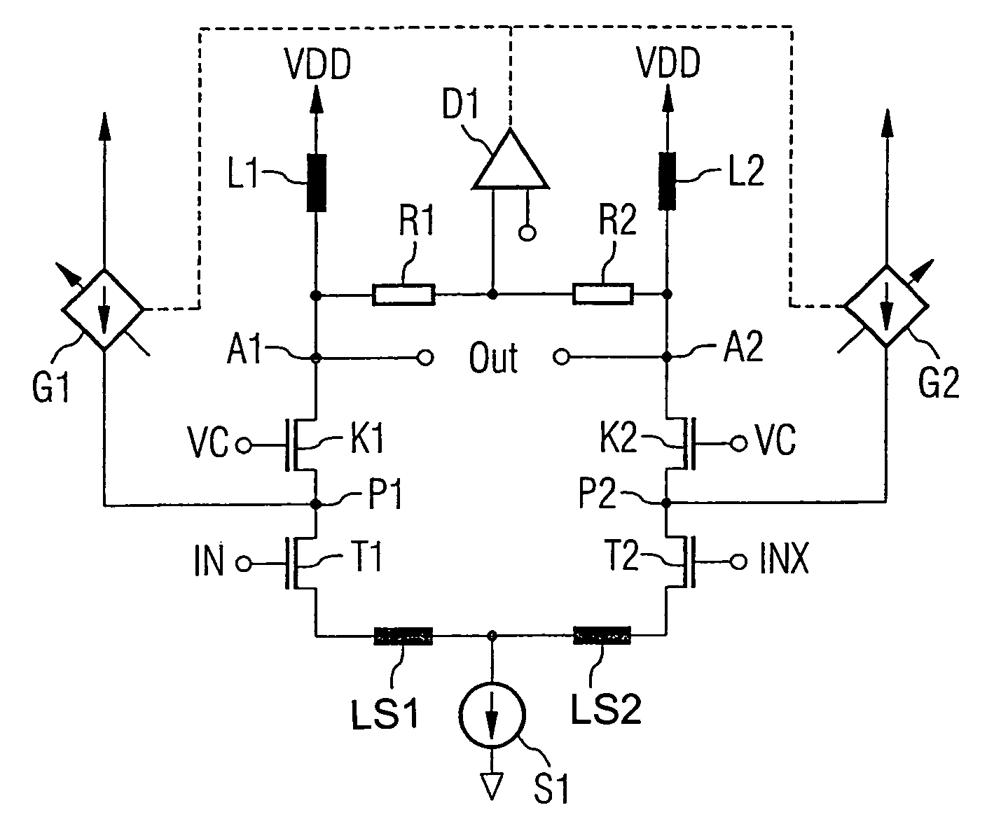Differential amplifier arrangement with current regulating circuit and method for operating a differential amplifier arrangement