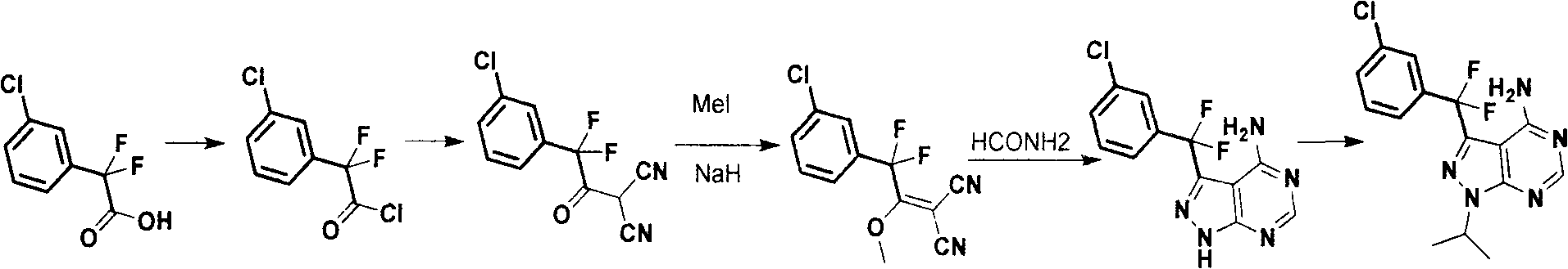 Synthesis process for anti-tumor new medicine 3-{(3-chlorphenyl)difluoromethyl-1-isopropyl-monohydro-pyrazolo(3,4-D)pyrimidine-4-amine compound